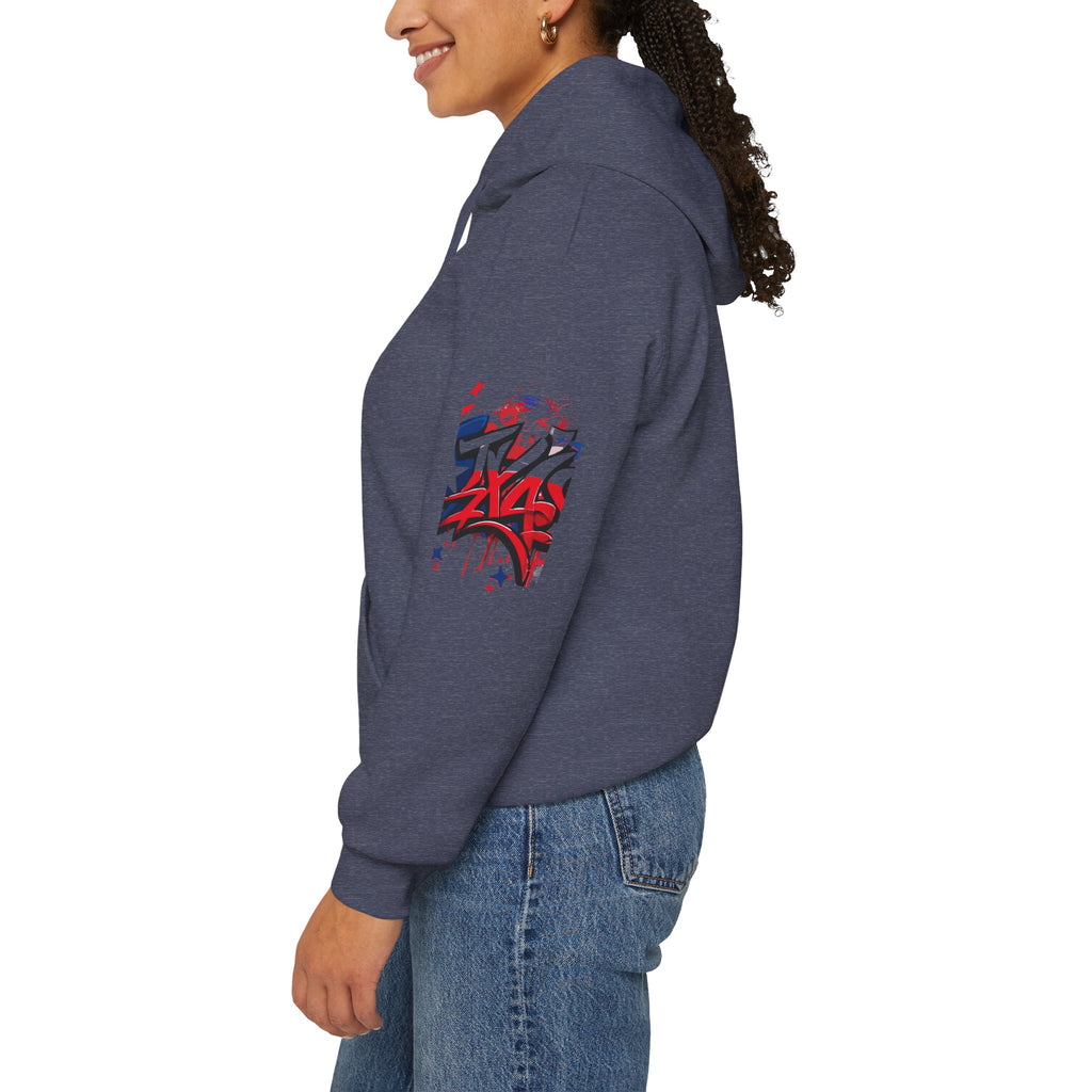 Patriotic Graffiti Hoodie, Cozy Sweatshirt for Casual Wear, Perfect Gift for July 4th, Stylish Streetwear, Unisex Fashion