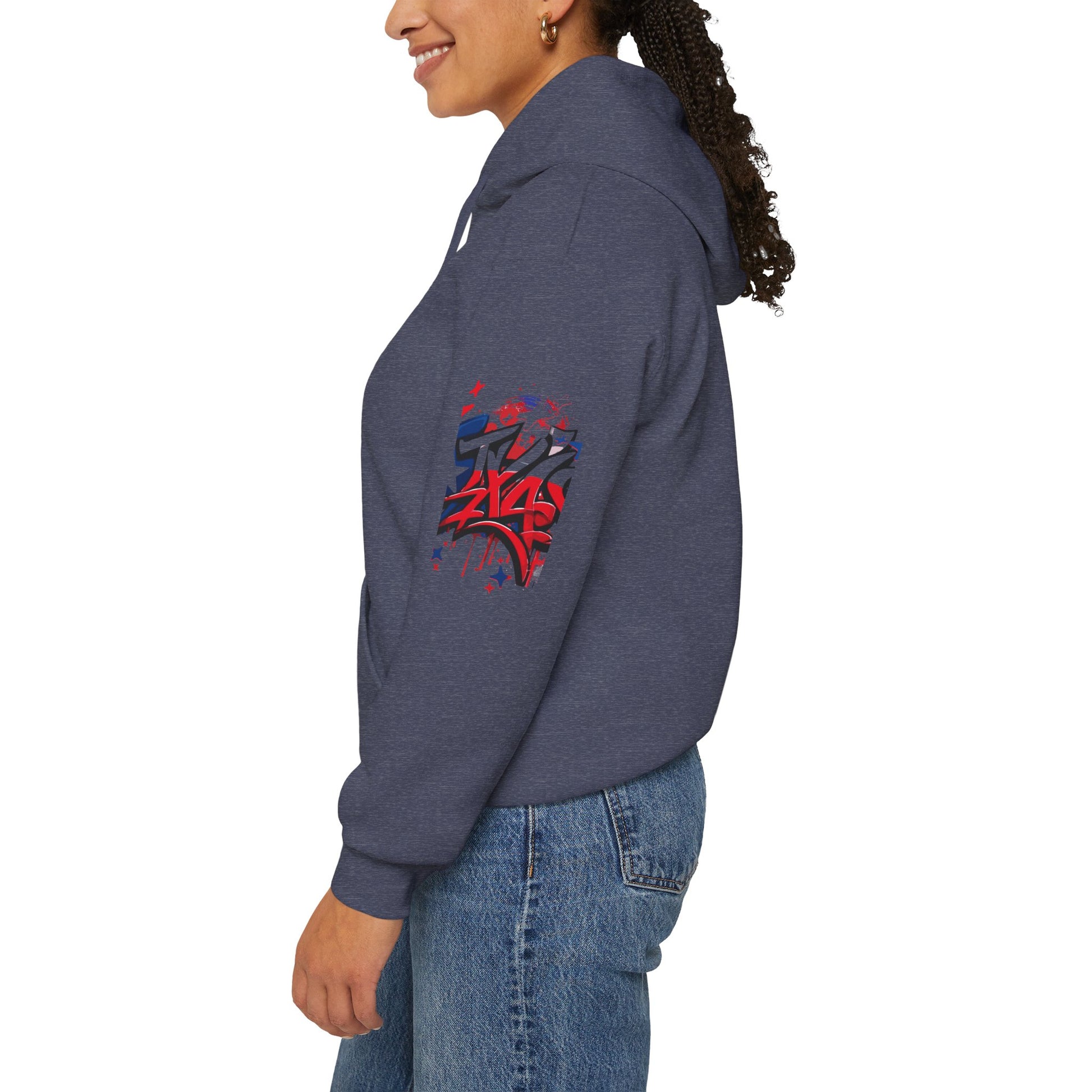 Patriotic Graffiti Hoodie, Cozy Sweatshirt for Casual Wear, Perfect Gift for July 4th, Stylish Streetwear, Unisex Fashion