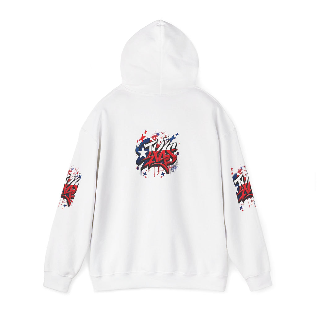 Patriotic Graffiti Hoodie, Cozy Sweatshirt for Casual Wear, Perfect Gift for July 4th, Stylish Streetwear, Unisex Fashion