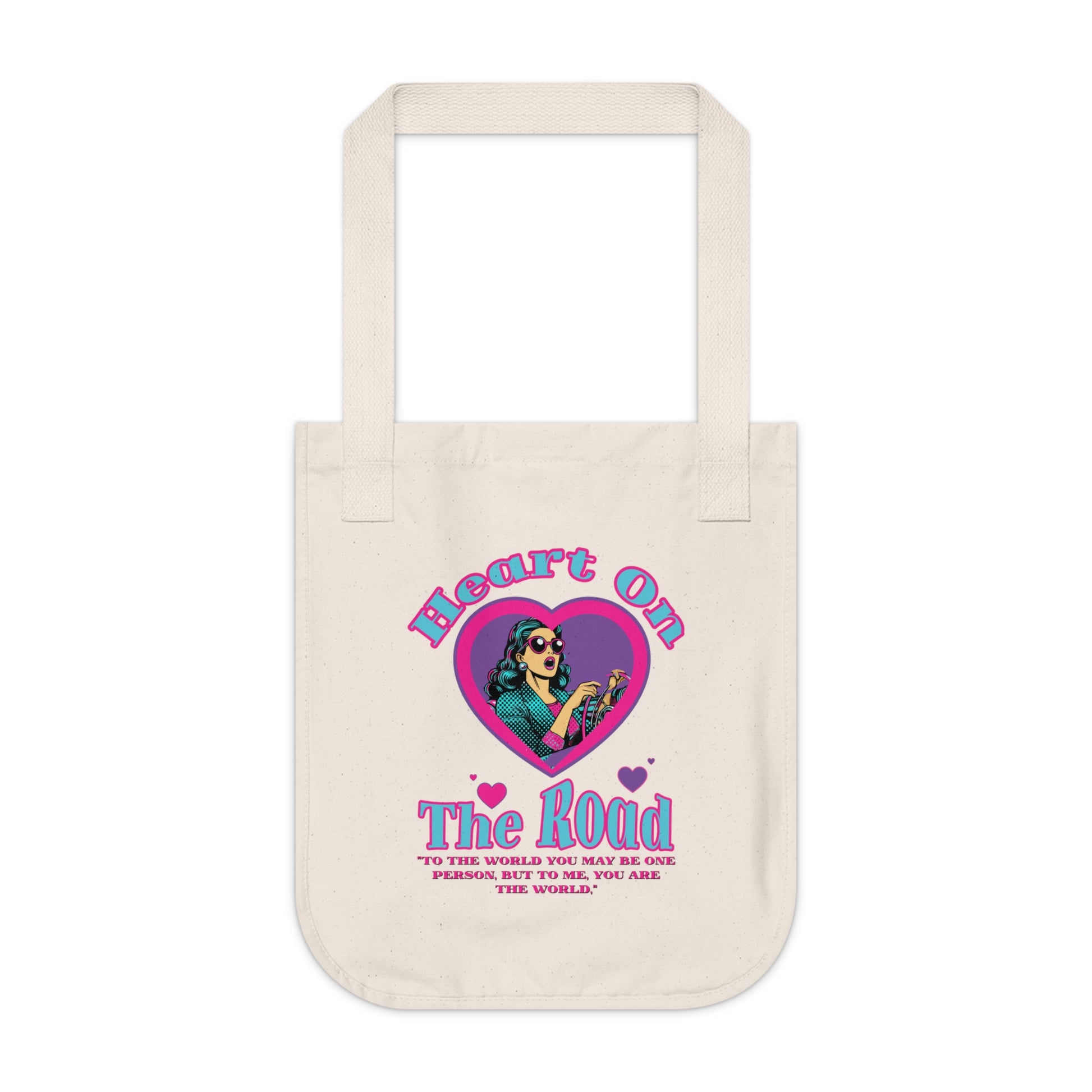 Heart On The Road Organic Canvas Tote Bag - Eco-Friendly, Gift for Travelers, Motivational Quote, Shopping Bags, Vegan Accessories