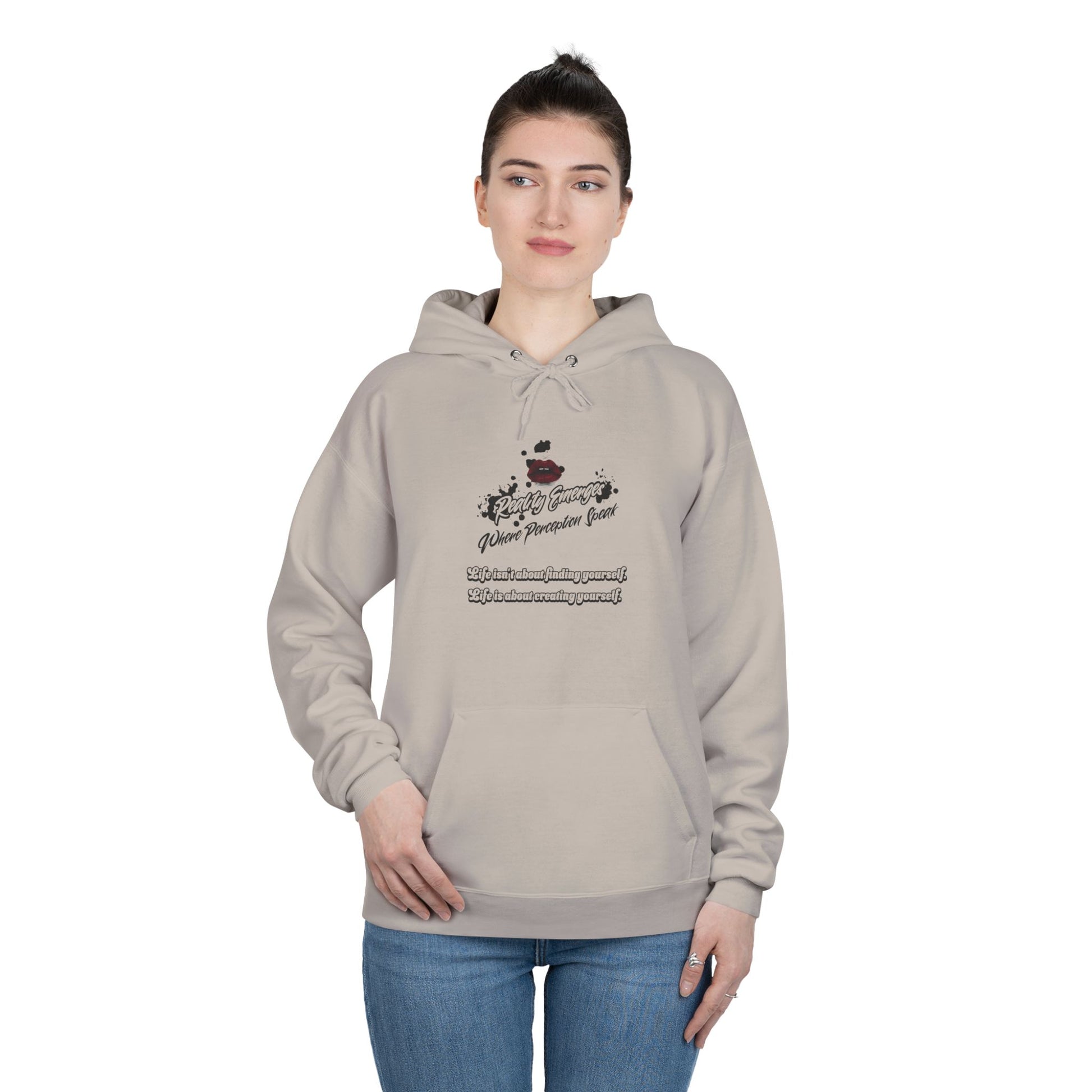 Hoodie Reality Emerges Where Perception Speaks Red Lips and Ink Splatter Design
