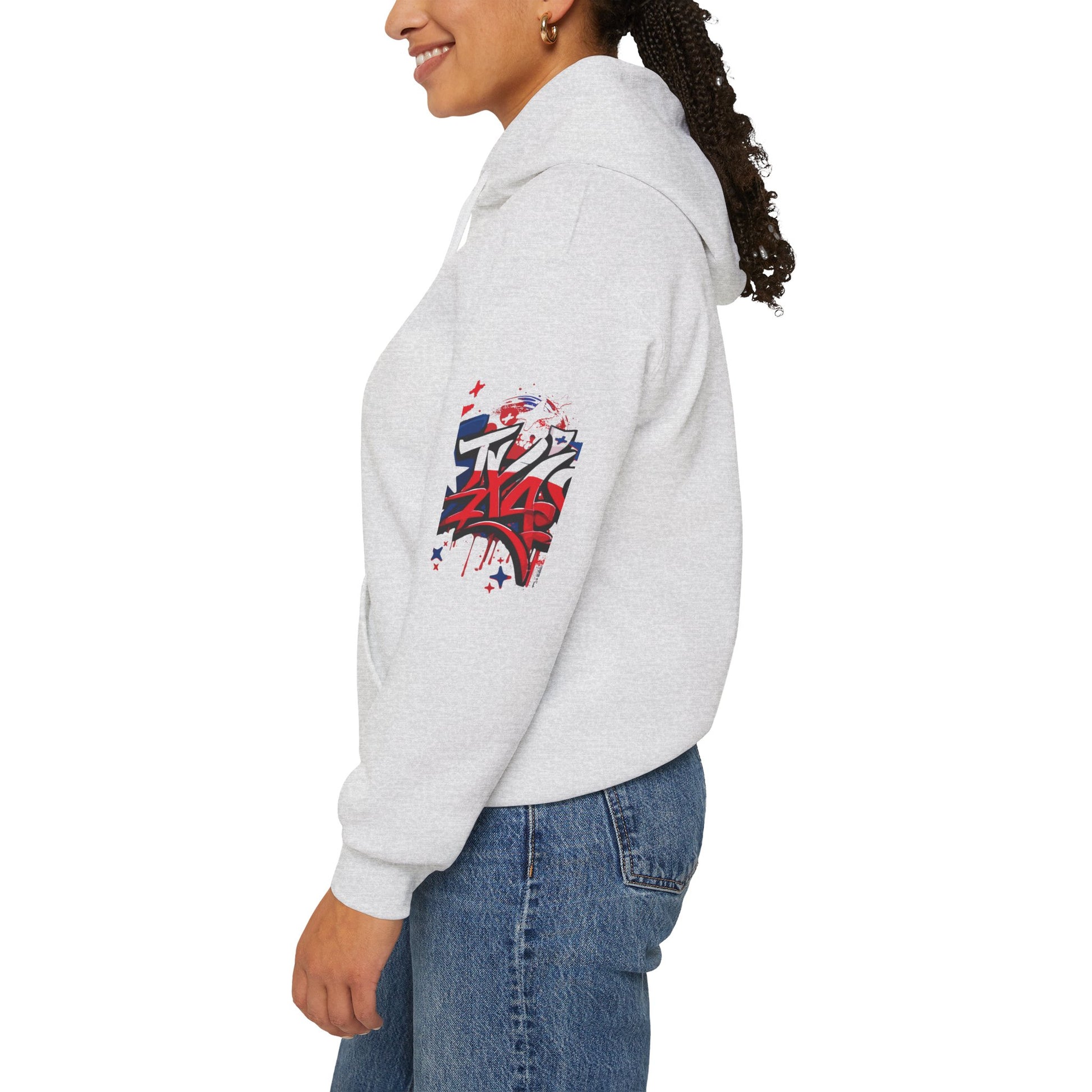 Patriotic Graffiti Hoodie, Cozy Sweatshirt for Casual Wear, Perfect Gift for July 4th, Stylish Streetwear, Unisex Fashion