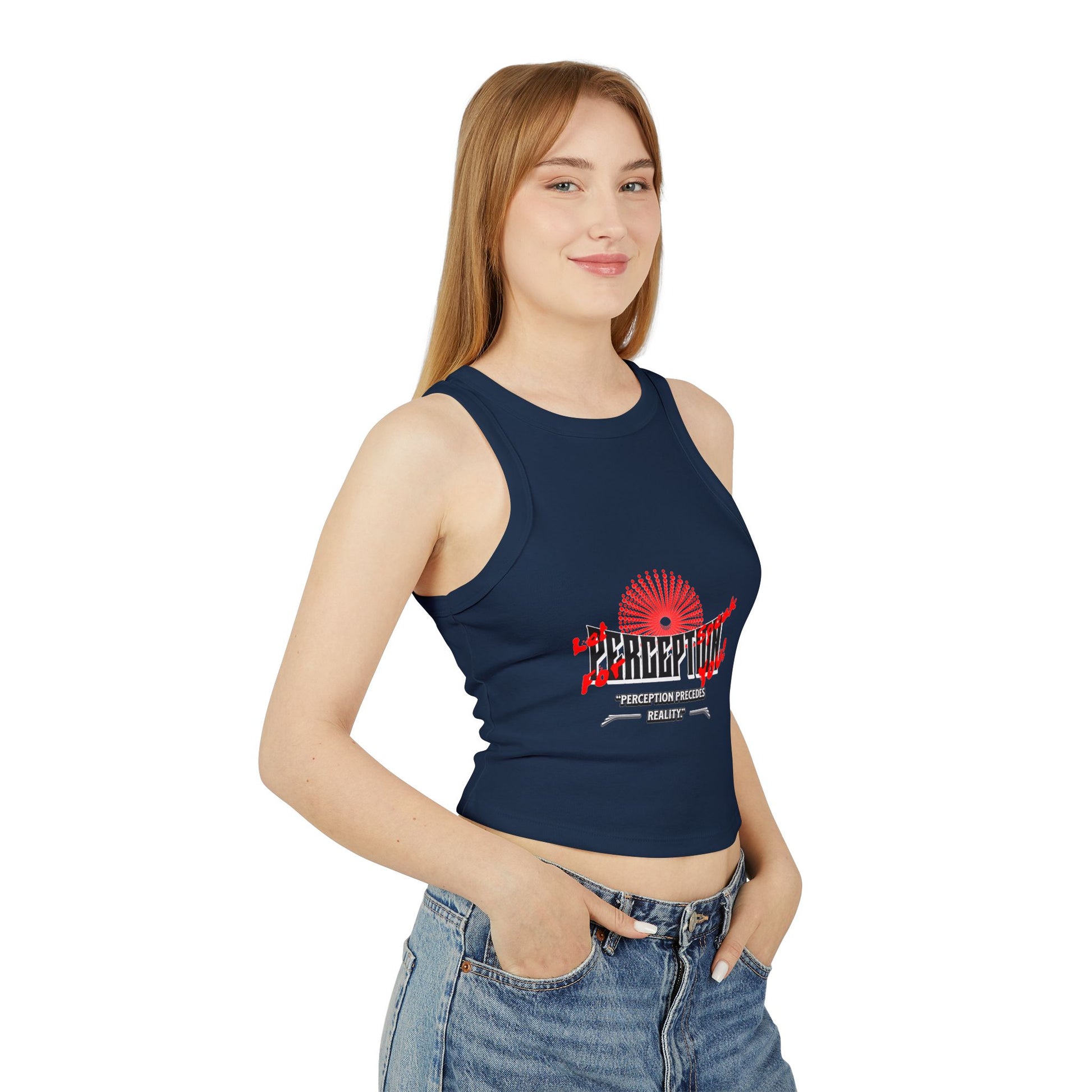 Women's Graphic Crop Tank Top: 'Perception' Design, Summer Essential, Casual Wear, Workout Gear, Festival Outfit