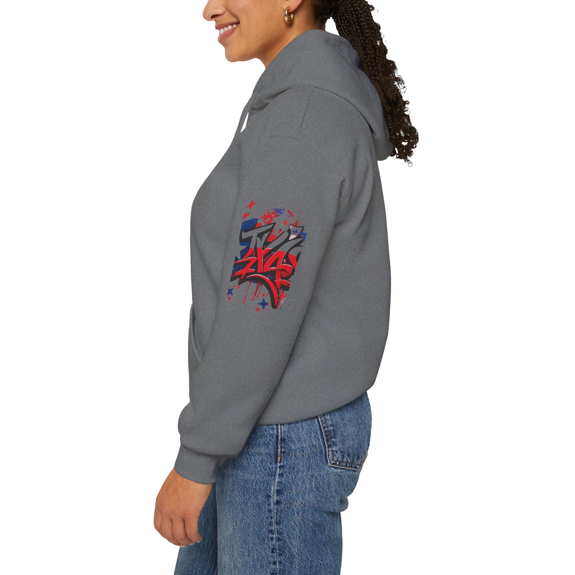 Patriotic Graffiti Hoodie, Cozy Sweatshirt for Casual Wear, Perfect Gift for July 4th, Stylish Streetwear, Unisex Fashion