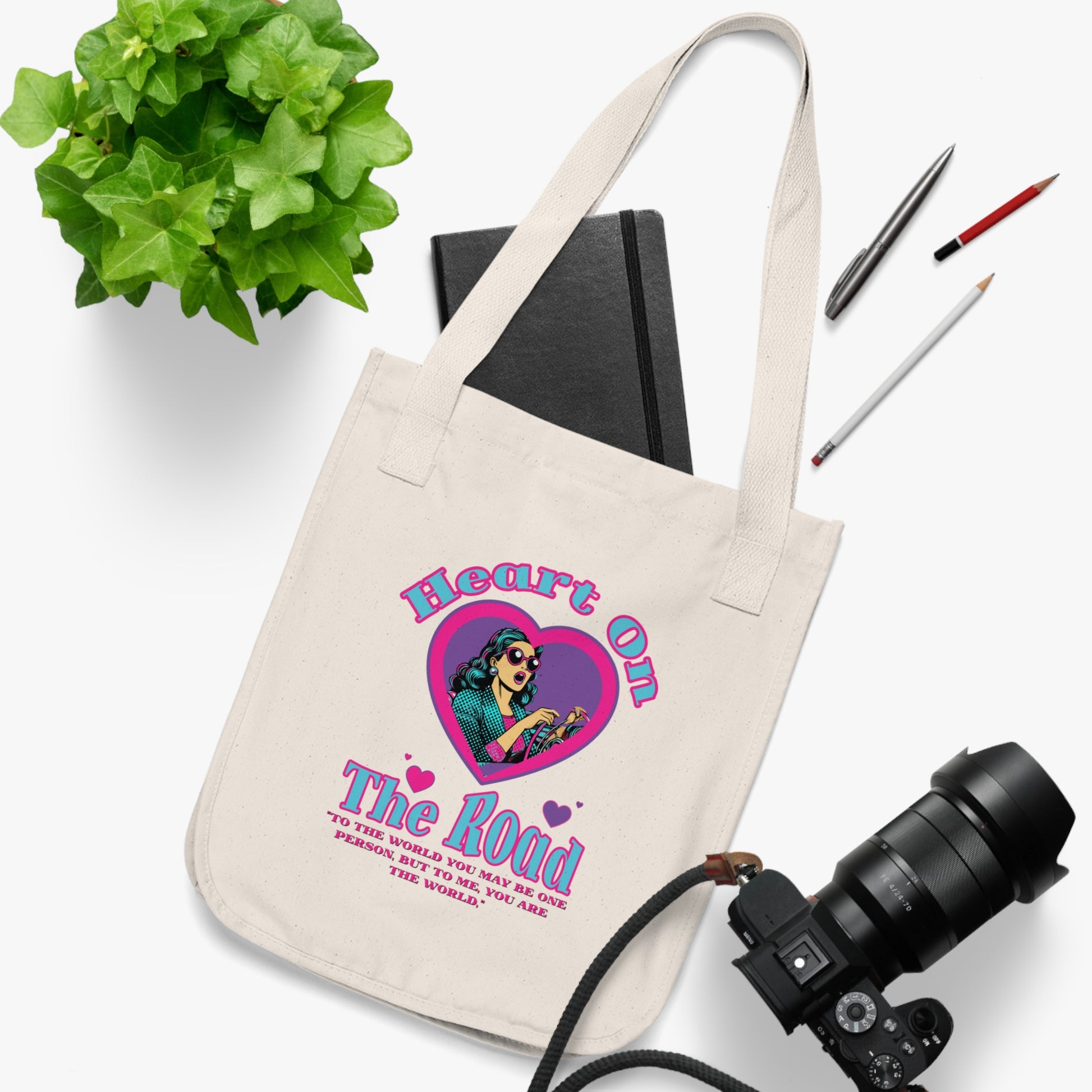 Heart On The Road Organic Canvas Tote Bag - Eco-Friendly, Gift for Travelers, Motivational Quote, Shopping Bags, Vegan Accessories