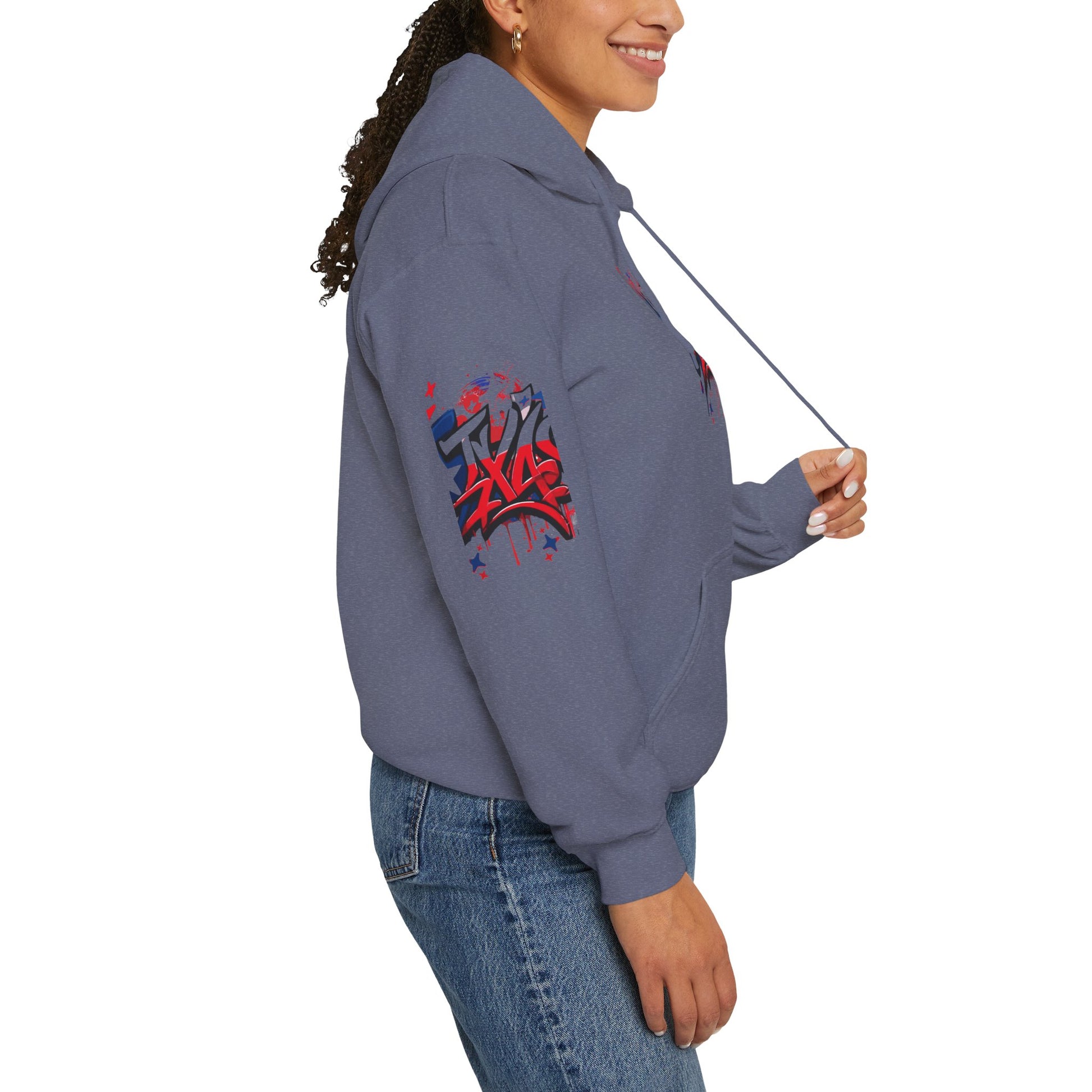 Patriotic Graffiti Hoodie, Cozy Sweatshirt for Casual Wear, Perfect Gift for July 4th, Stylish Streetwear, Unisex Fashion