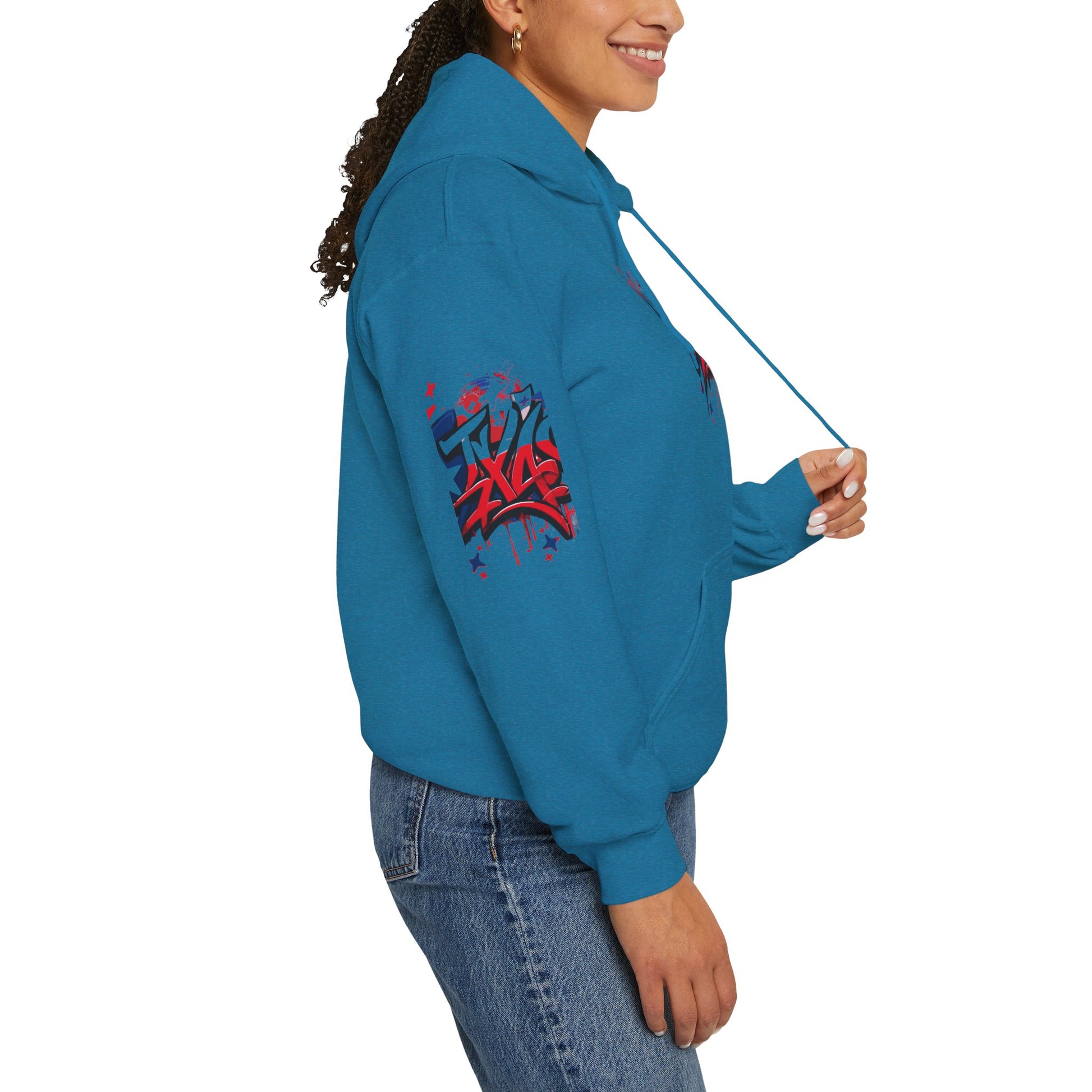 Patriotic Graffiti Hoodie, Cozy Sweatshirt for Casual Wear, Perfect Gift for July 4th, Stylish Streetwear, Unisex Fashion
