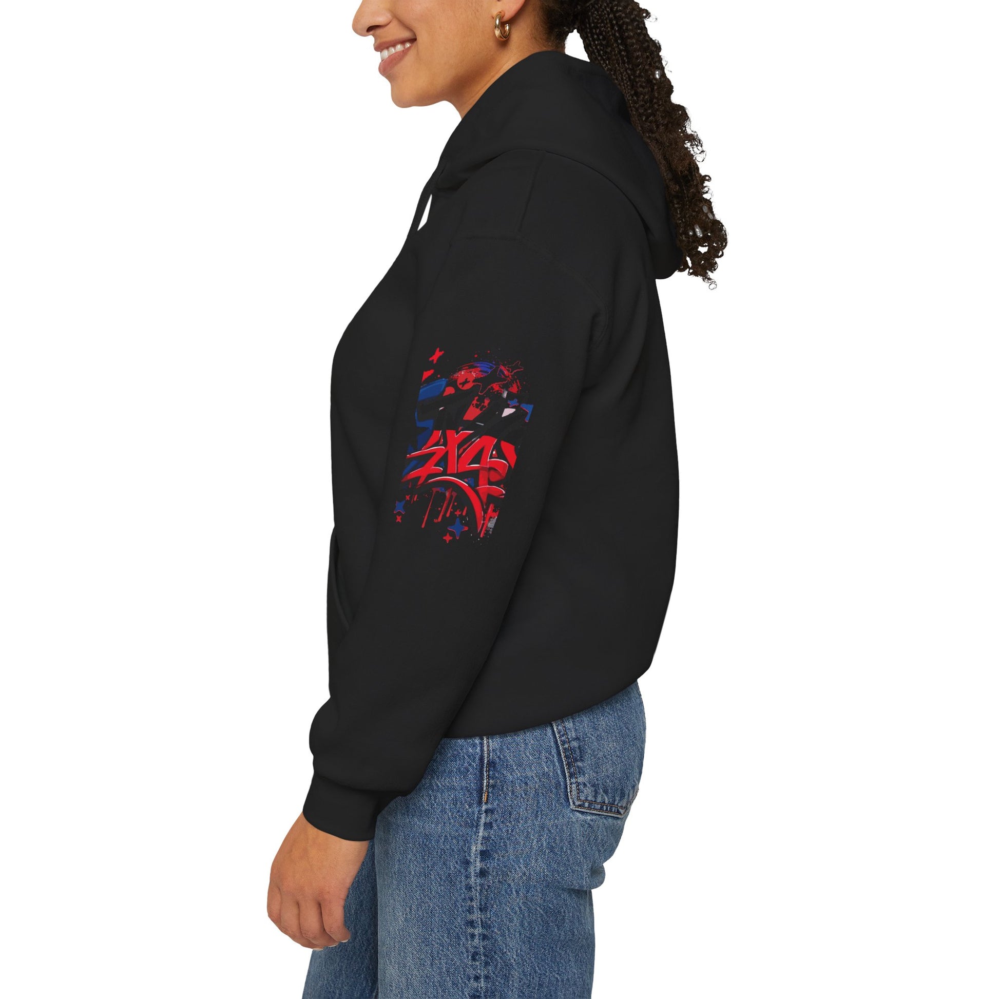 Patriotic Graffiti Hoodie, Cozy Sweatshirt for Casual Wear, Perfect Gift for July 4th, Stylish Streetwear, Unisex Fashion