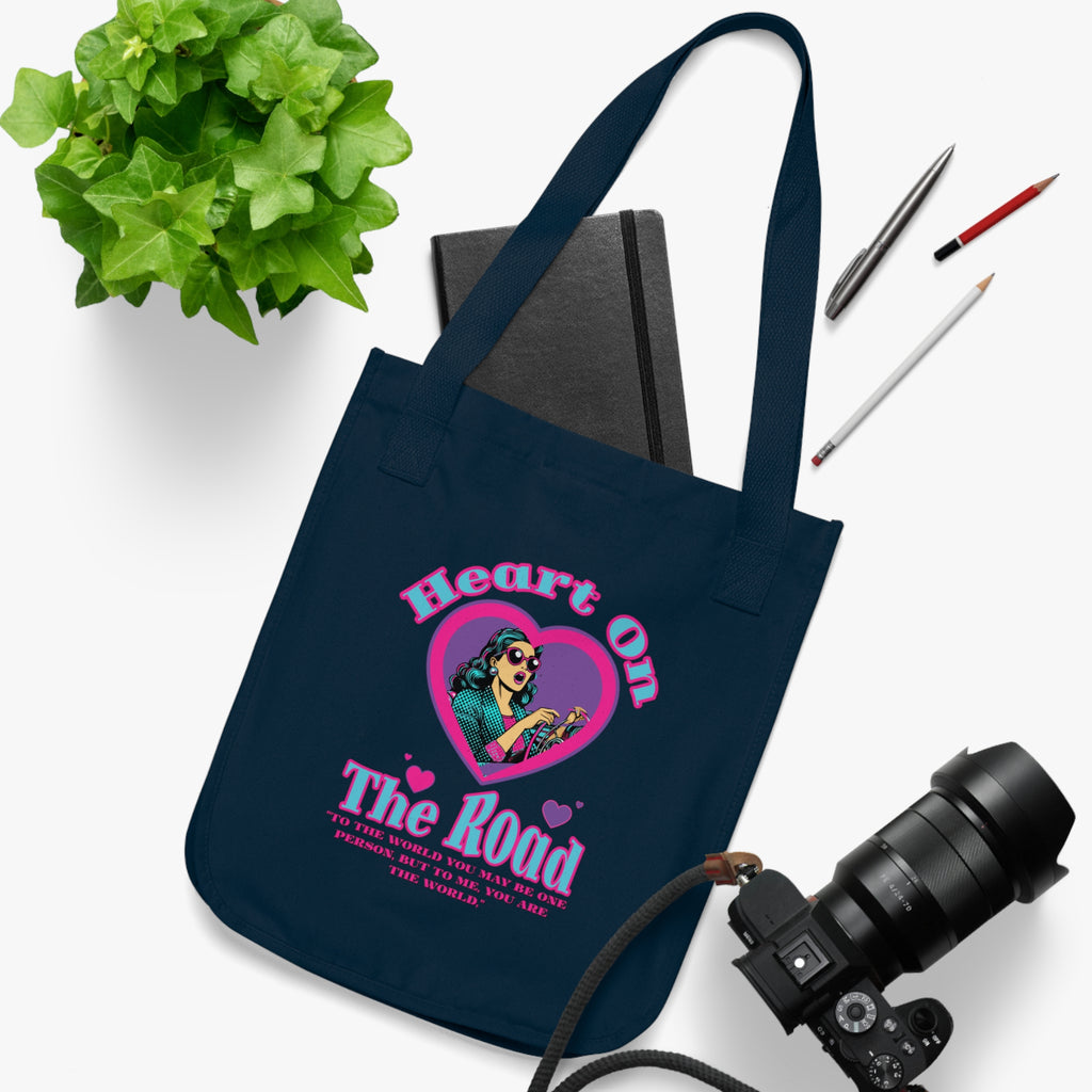 Heart On The Road Organic Canvas Tote Bag - Eco-Friendly, Gift for Travelers, Motivational Quote, Shopping Bags, Vegan Accessories