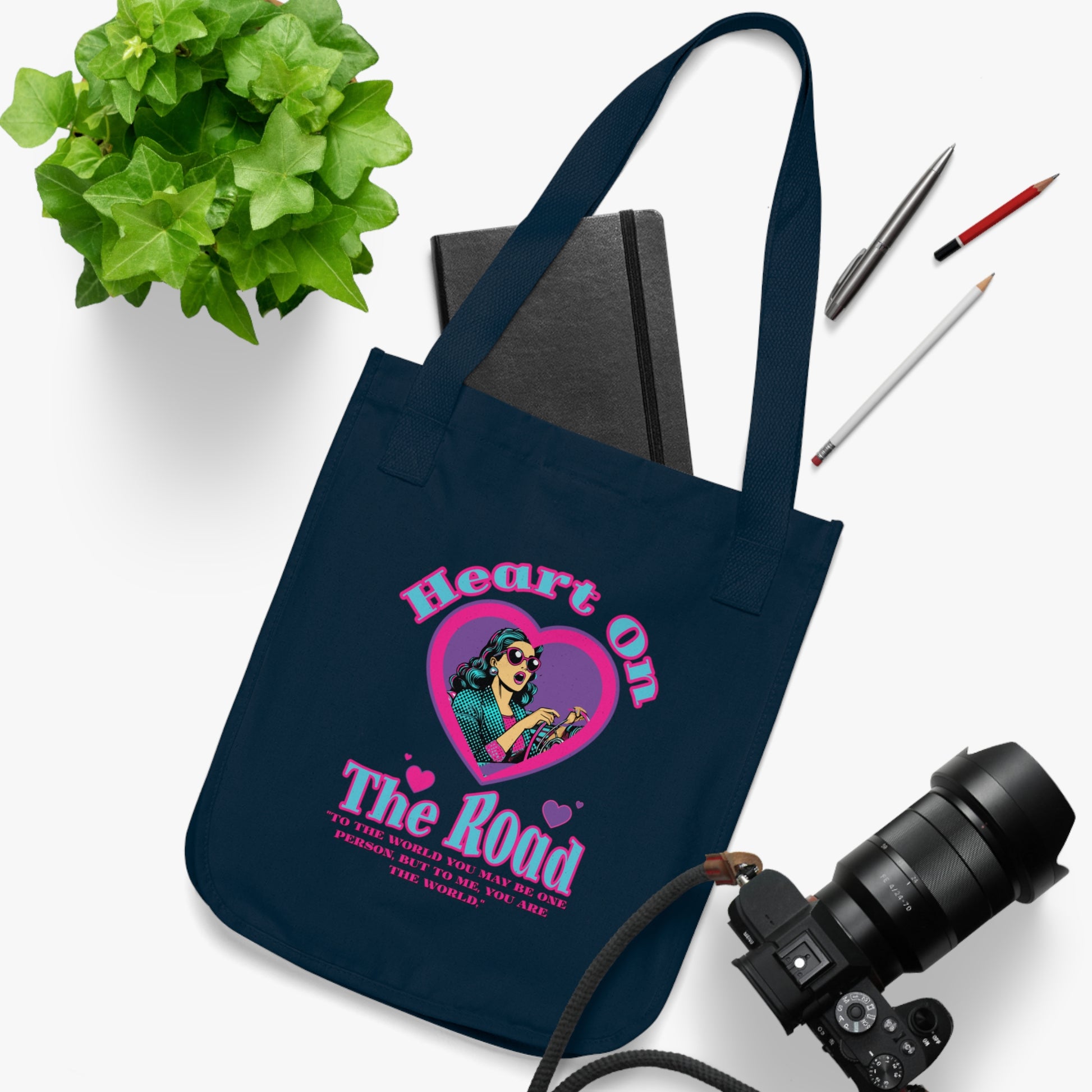 Heart On The Road Organic Canvas Tote Bag - Eco-Friendly, Gift for Travelers, Motivational Quote, Shopping Bags, Vegan Accessories