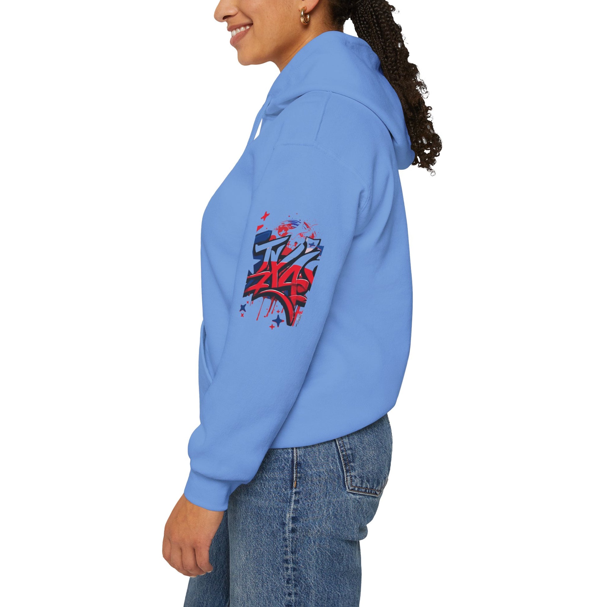Patriotic Graffiti Hoodie, Cozy Sweatshirt for Casual Wear, Perfect Gift for July 4th, Stylish Streetwear, Unisex Fashion