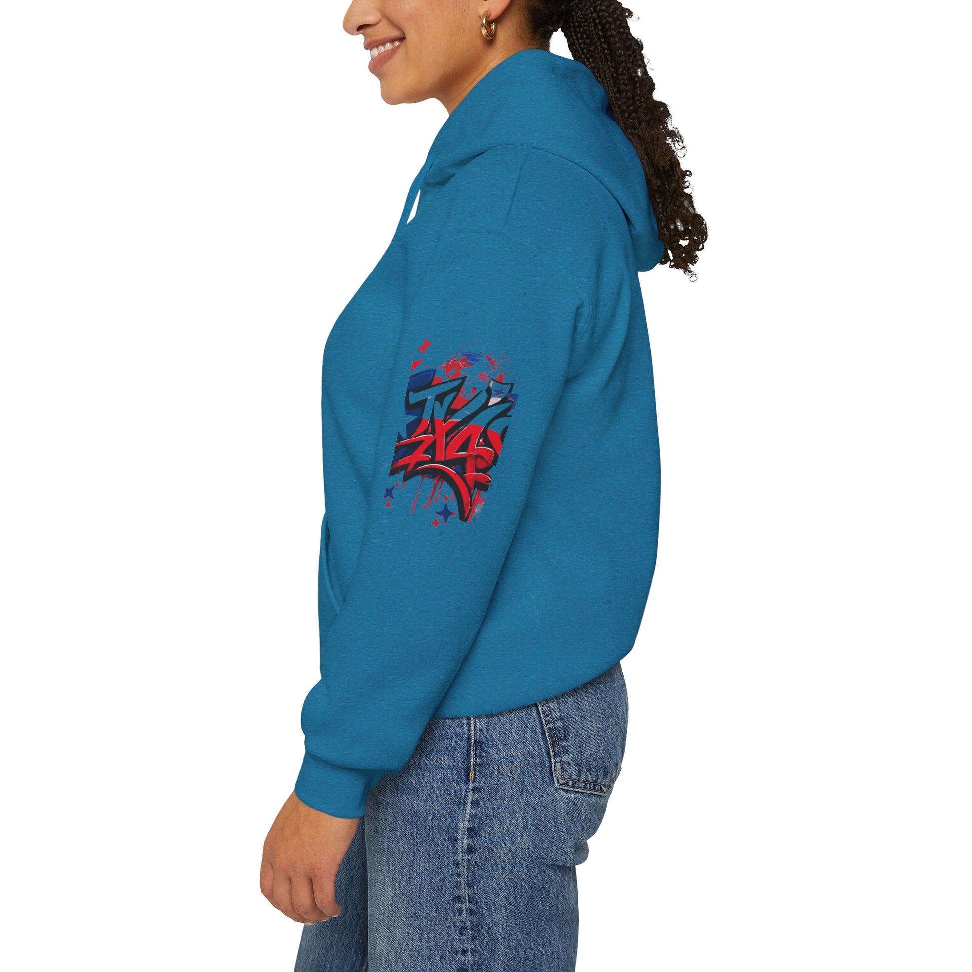 Patriotic Graffiti Hoodie, Cozy Sweatshirt for Casual Wear, Perfect Gift for July 4th, Stylish Streetwear, Unisex Fashion