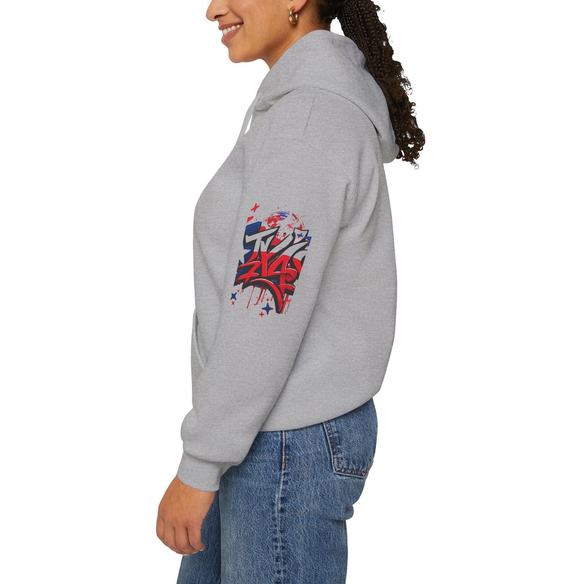 Patriotic Graffiti Hoodie, Cozy Sweatshirt for Casual Wear, Perfect Gift for July 4th, Stylish Streetwear, Unisex Fashion