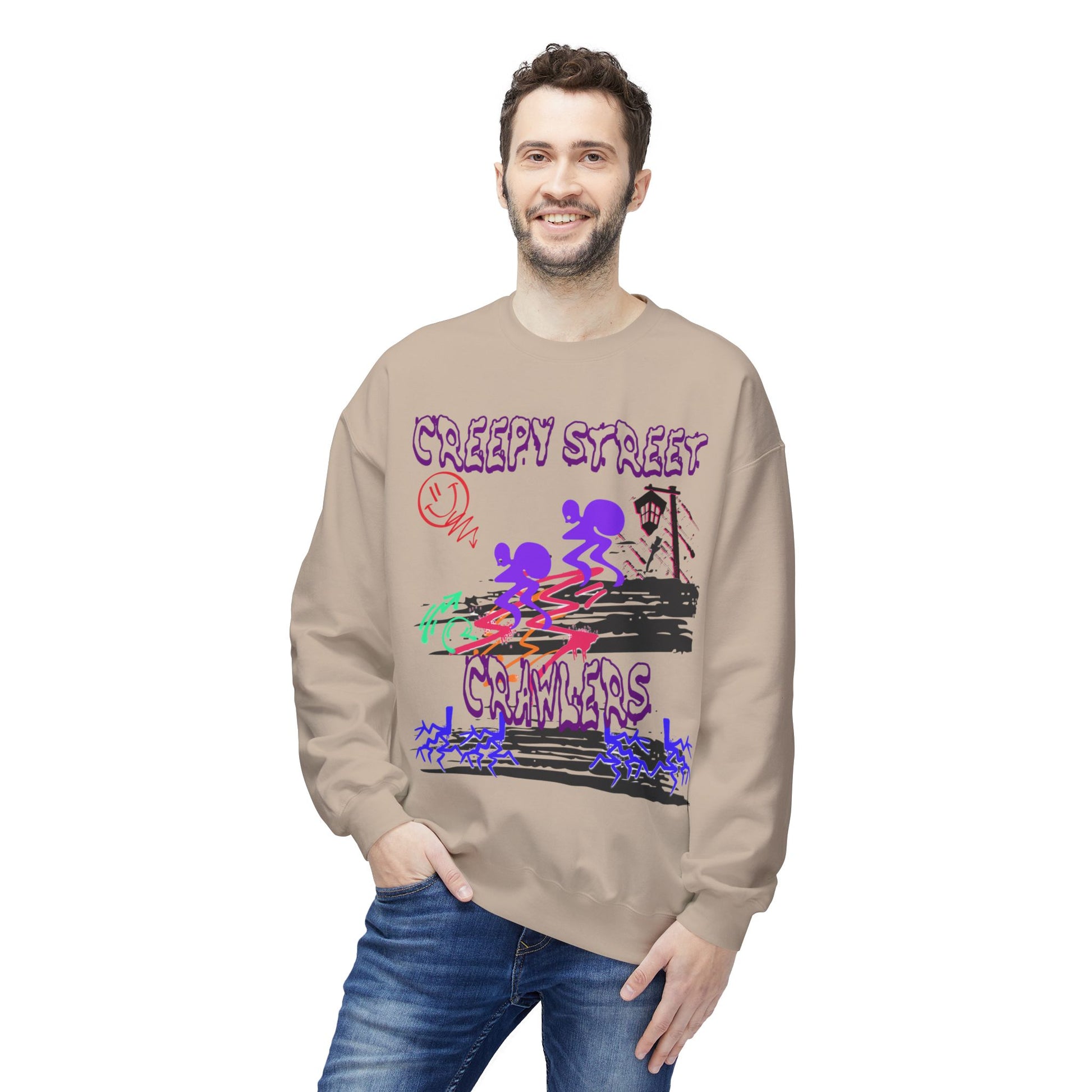 Creepy Street Crawlers Sweatshirt | Cozy Unisex Fleece Crewneck | Ideal for Halloween, Casual Wear, Fall Outings, Gift for Friends
