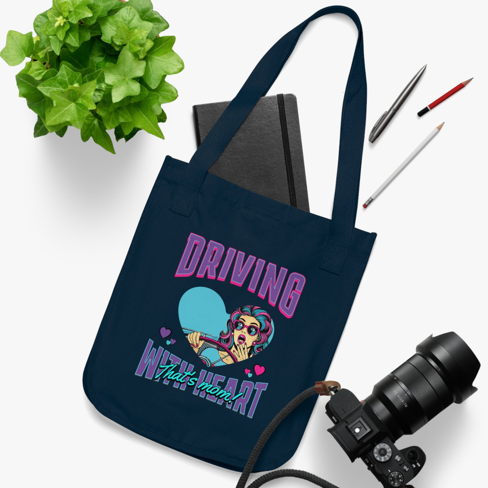 Driving With Heart Organic Canvas Tote Bag, Eco-Friendly Shopper, Gifts for Her, Cute Carryall, Reusable Grocery Bag