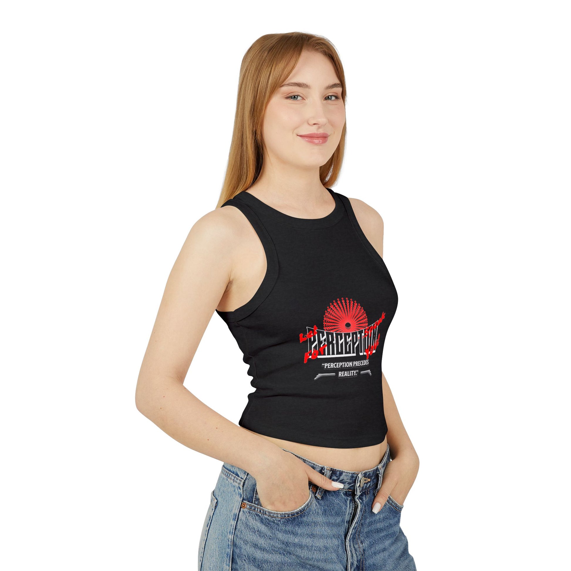 Women's Graphic Crop Tank Top: 'Perception' Design, Summer Essential, Casual Wear, Workout Gear, Festival Outfit