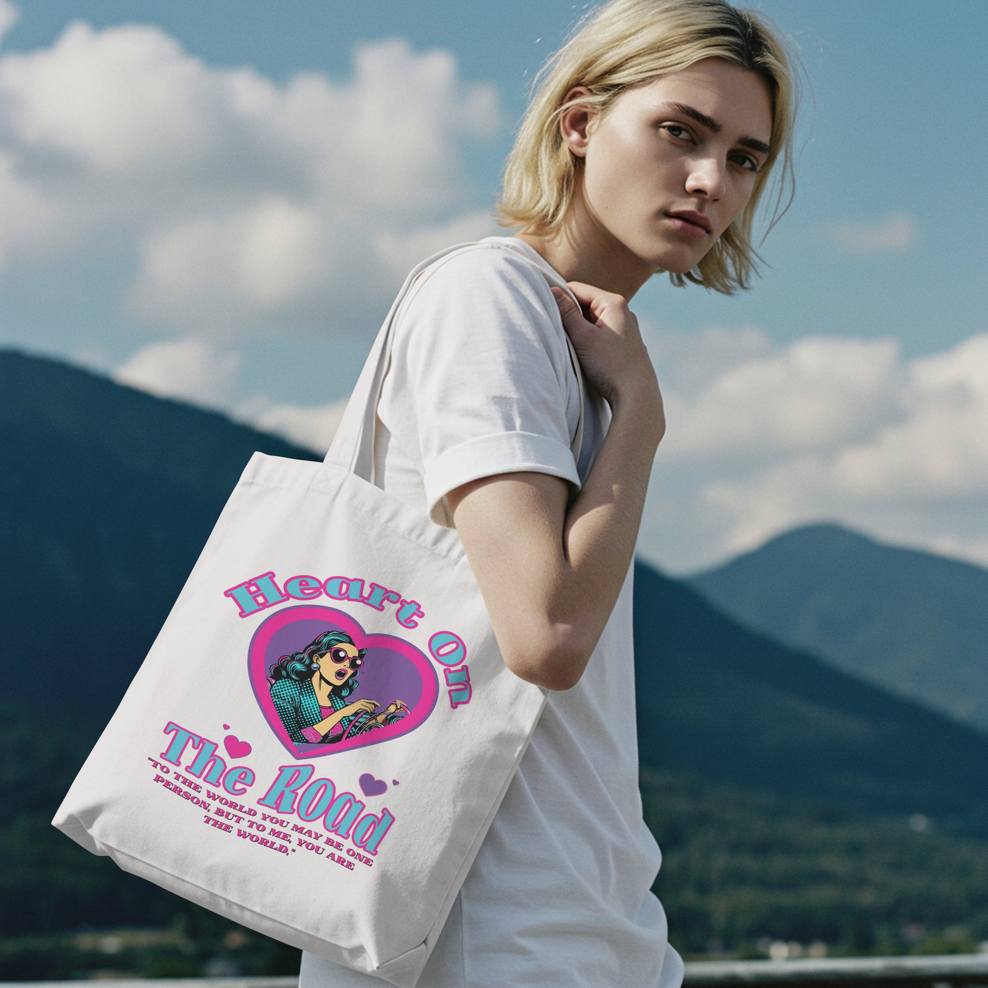 Heart On The Road Organic Canvas Tote Bag - Eco-Friendly, Gift for Travelers, Motivational Quote, Shopping Bags, Vegan Accessories