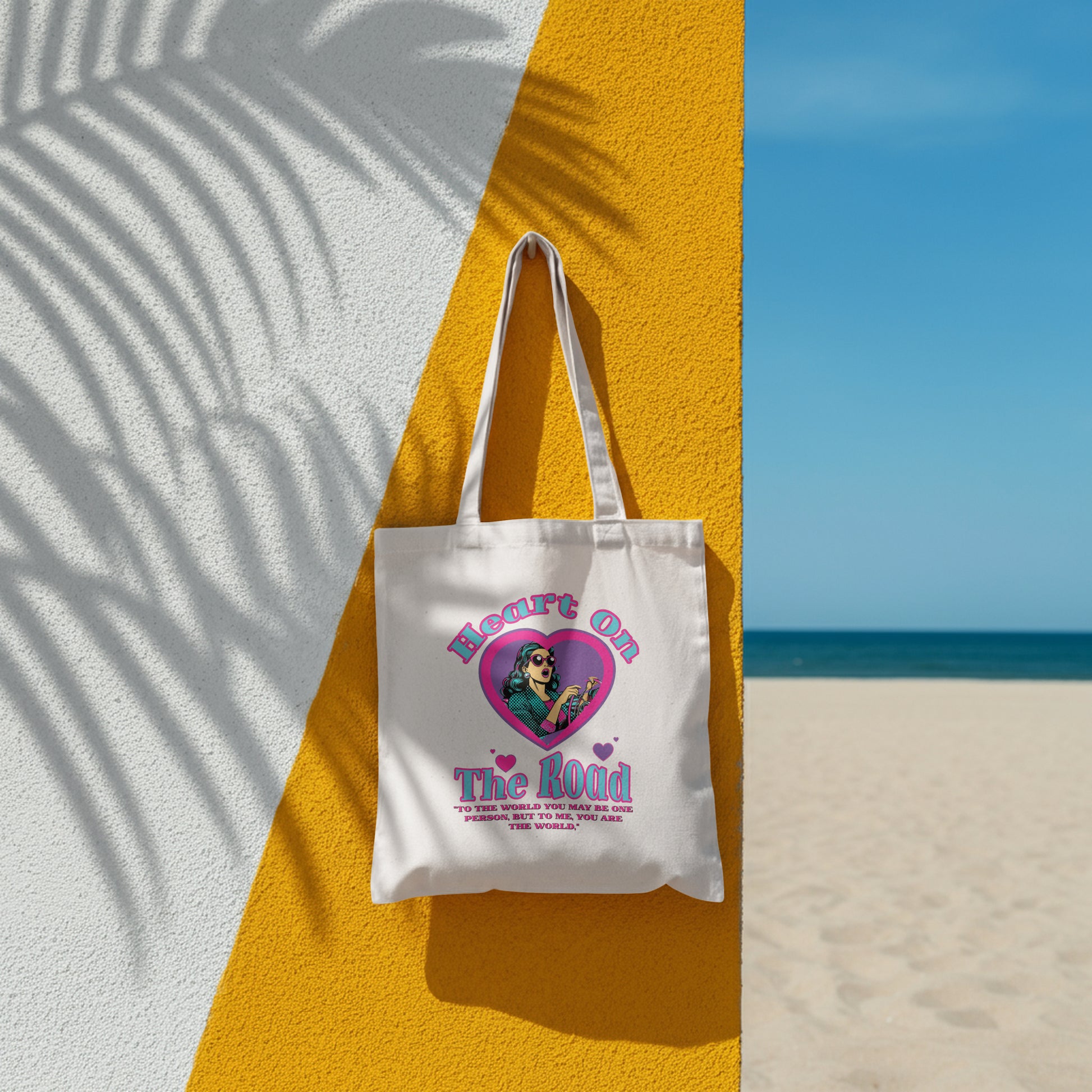 Heart On The Road Organic Canvas Tote Bag - Eco-Friendly, Gift for Travelers, Motivational Quote, Shopping Bags, Vegan Accessories