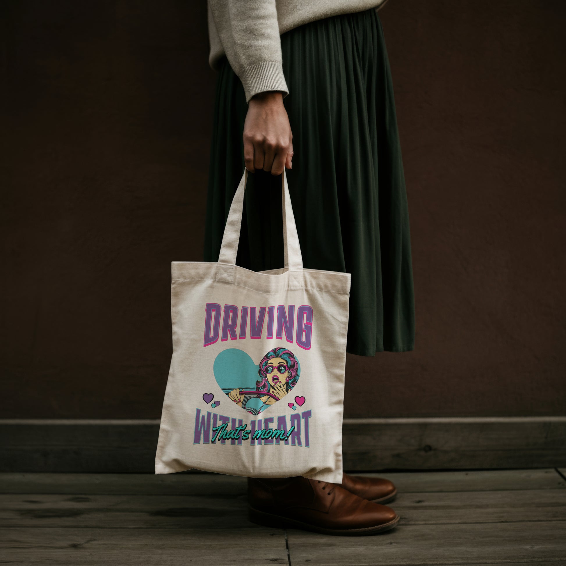Driving With Heart Organic Canvas Tote Bag, Eco-Friendly Shopper, Gifts for Her, Cute Carryall, Reusable Grocery Bag