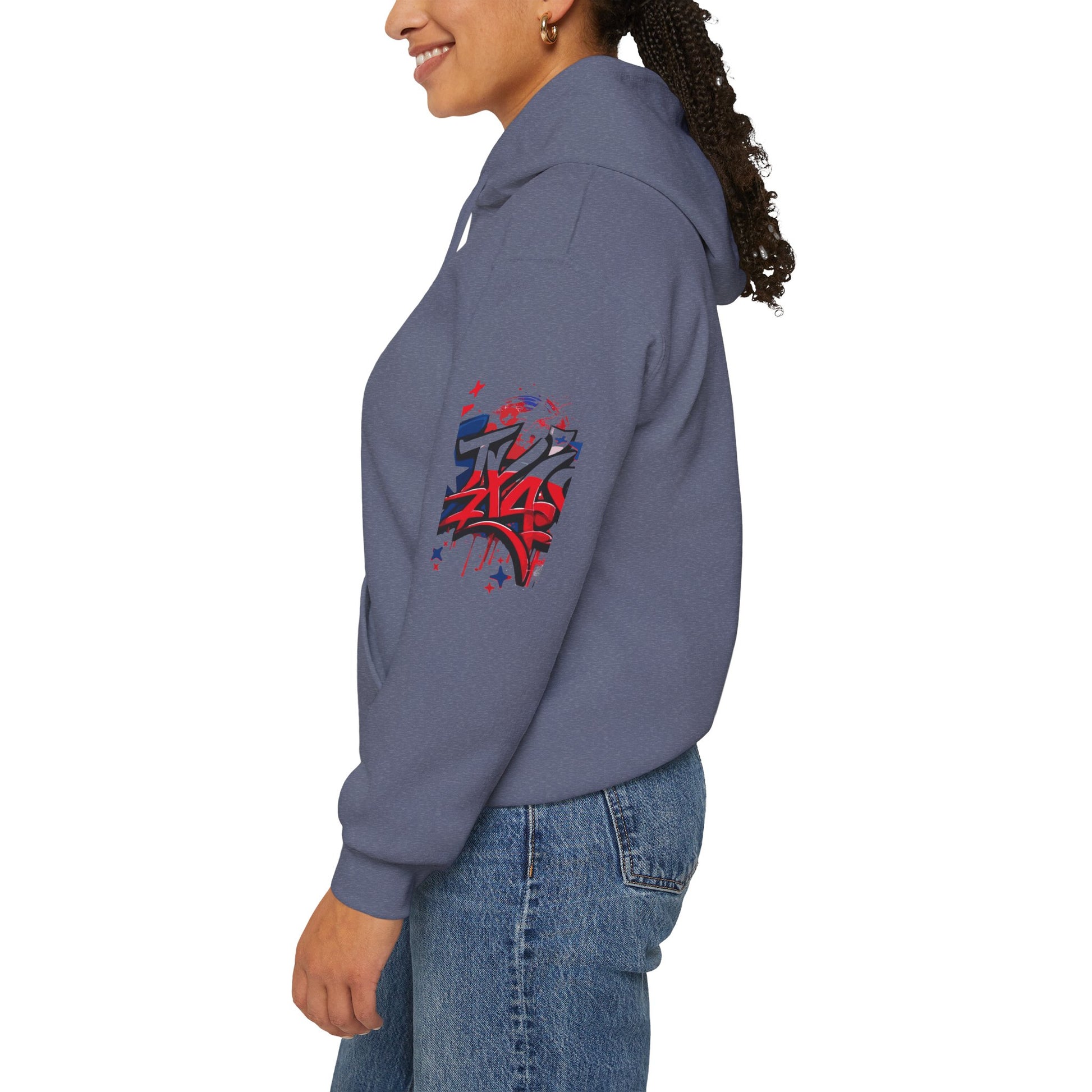 Patriotic Graffiti Hoodie, Cozy Sweatshirt for Casual Wear, Perfect Gift for July 4th, Stylish Streetwear, Unisex Fashion