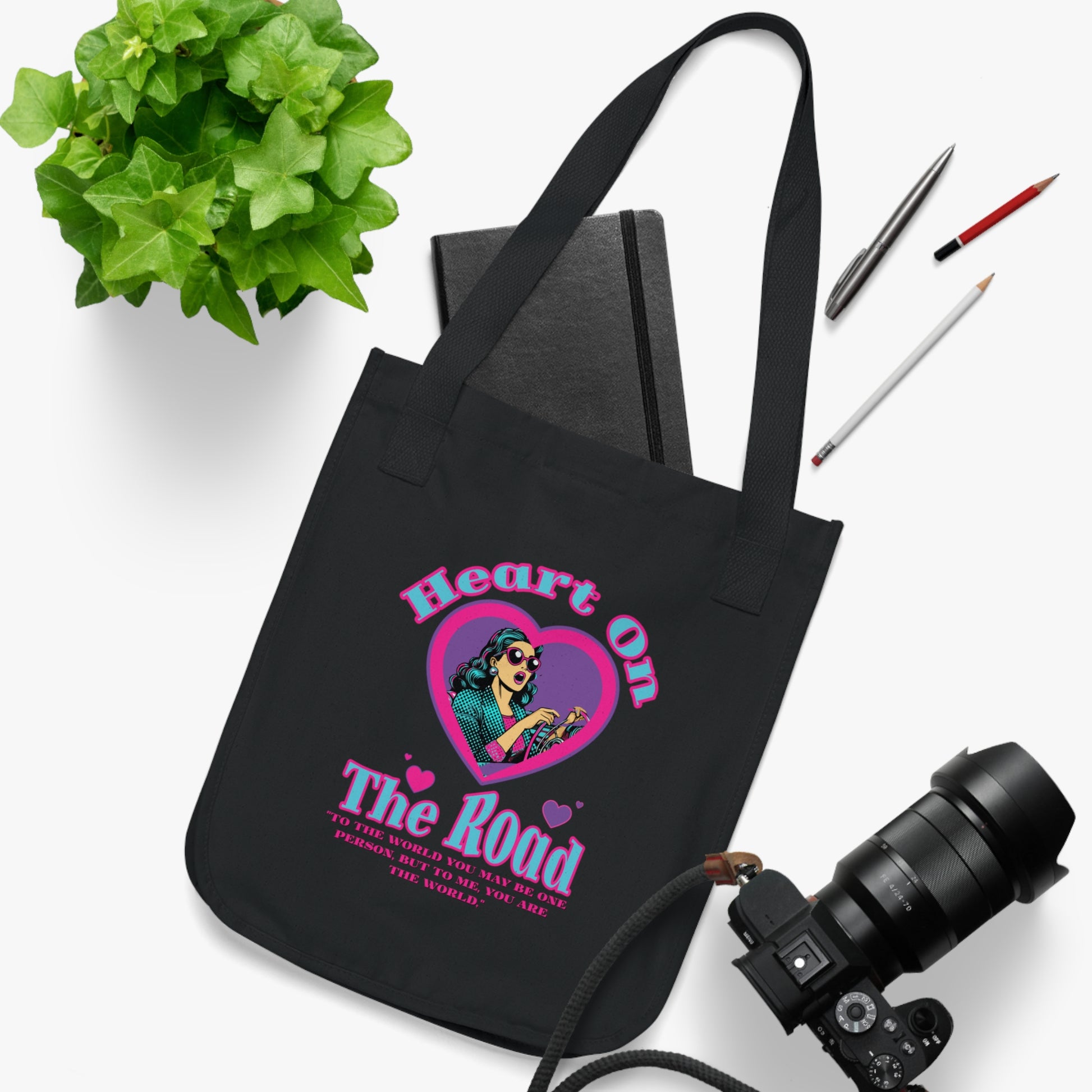 Heart On The Road Organic Canvas Tote Bag - Eco-Friendly, Gift for Travelers, Motivational Quote, Shopping Bags, Vegan Accessories
