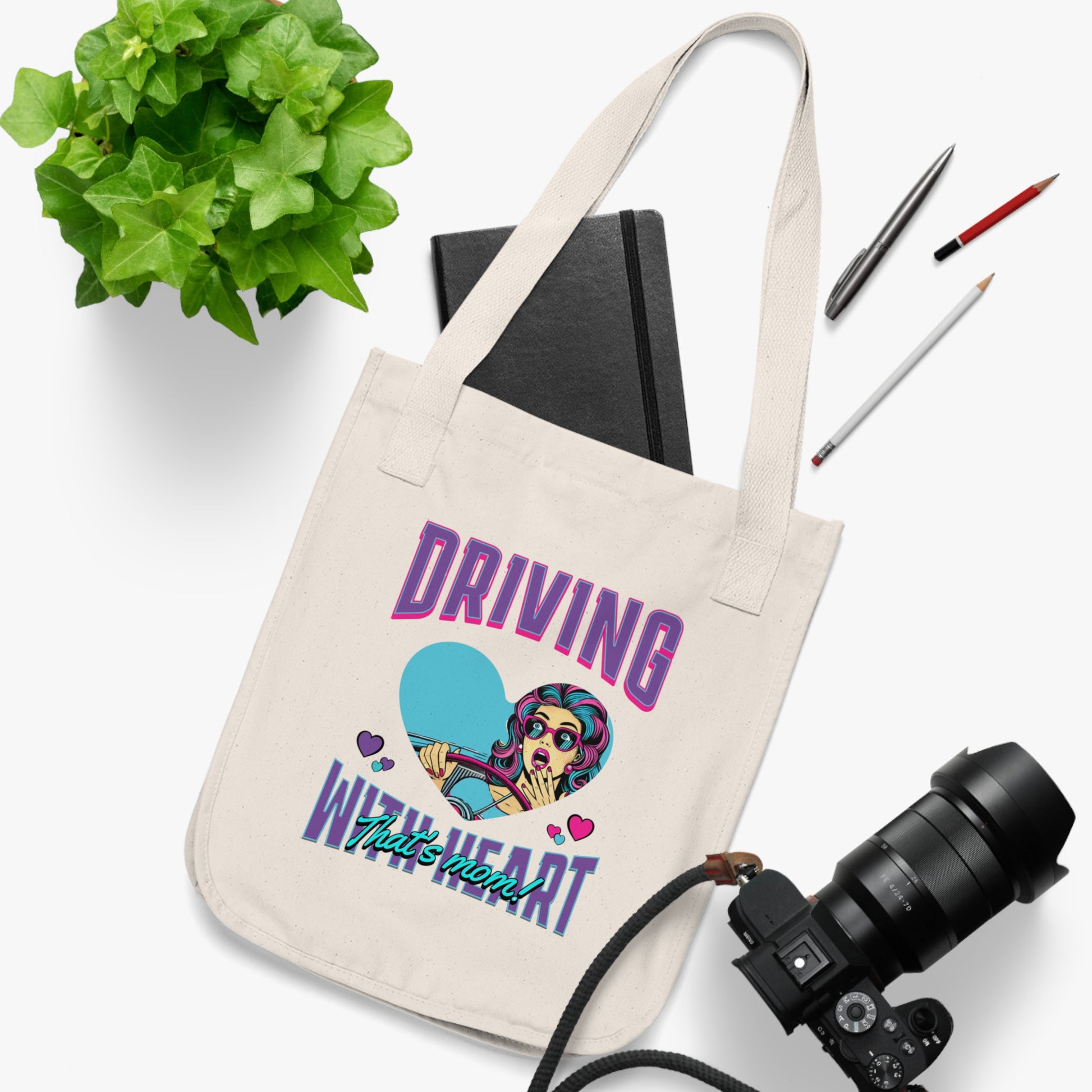 Driving With Heart Organic Canvas Tote Bag, Eco-Friendly Shopper, Gifts for Her, Cute Carryall, Reusable Grocery Bag