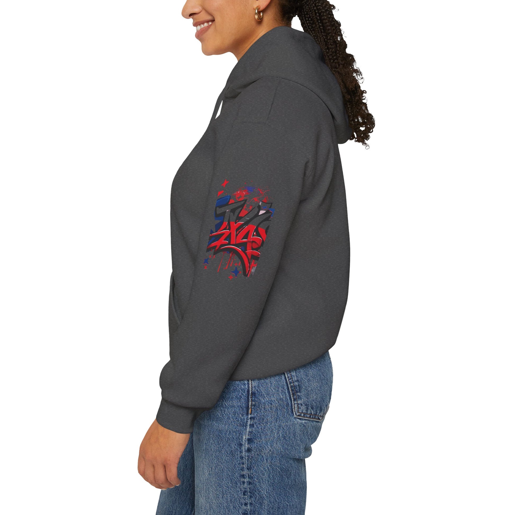 Patriotic Graffiti Hoodie, Cozy Sweatshirt for Casual Wear, Perfect Gift for July 4th, Stylish Streetwear, Unisex Fashion