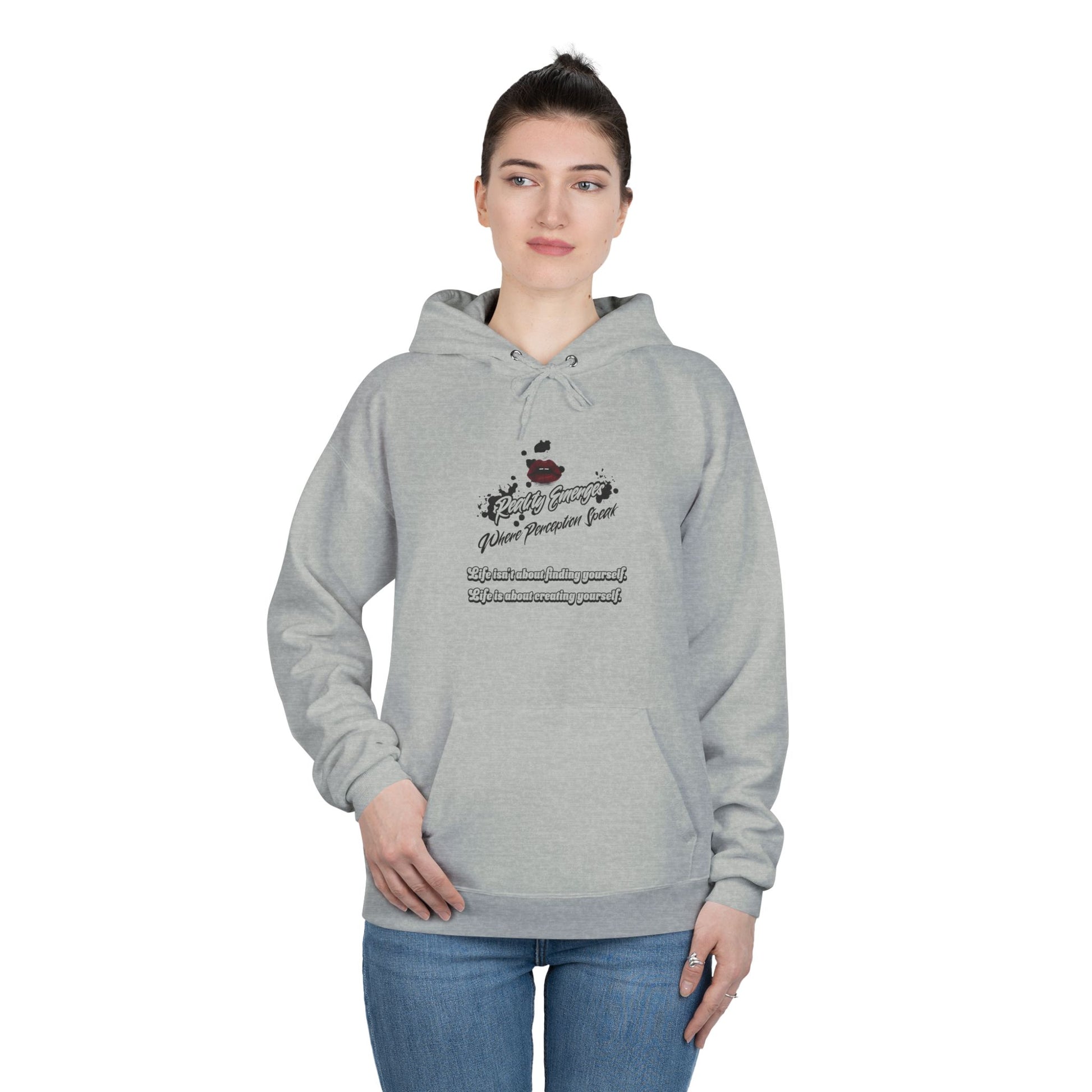 Hoodie Reality Emerges Where Perception Speaks Red Lips and Ink Splatter Design
