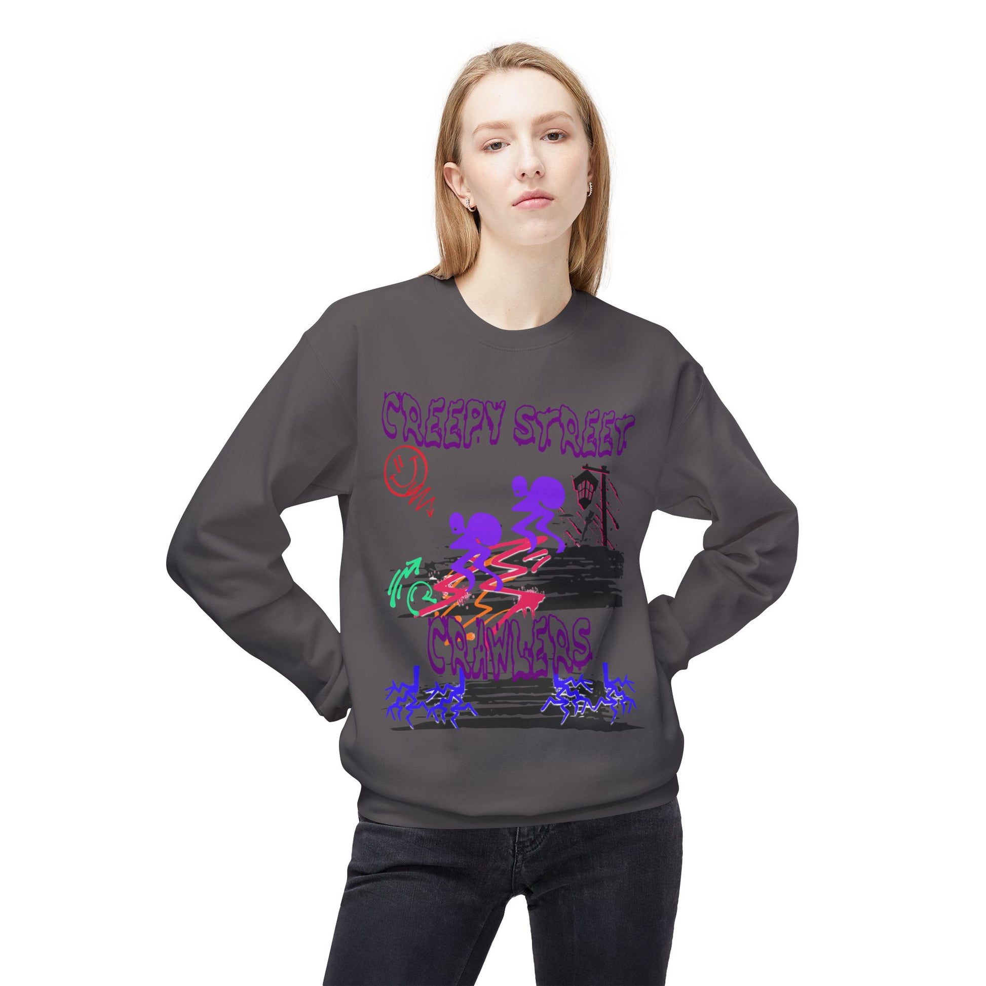Creepy Street Crawlers Sweatshirt | Cozy Unisex Fleece Crewneck | Ideal for Halloween, Casual Wear, Fall Outings, Gift for Friends