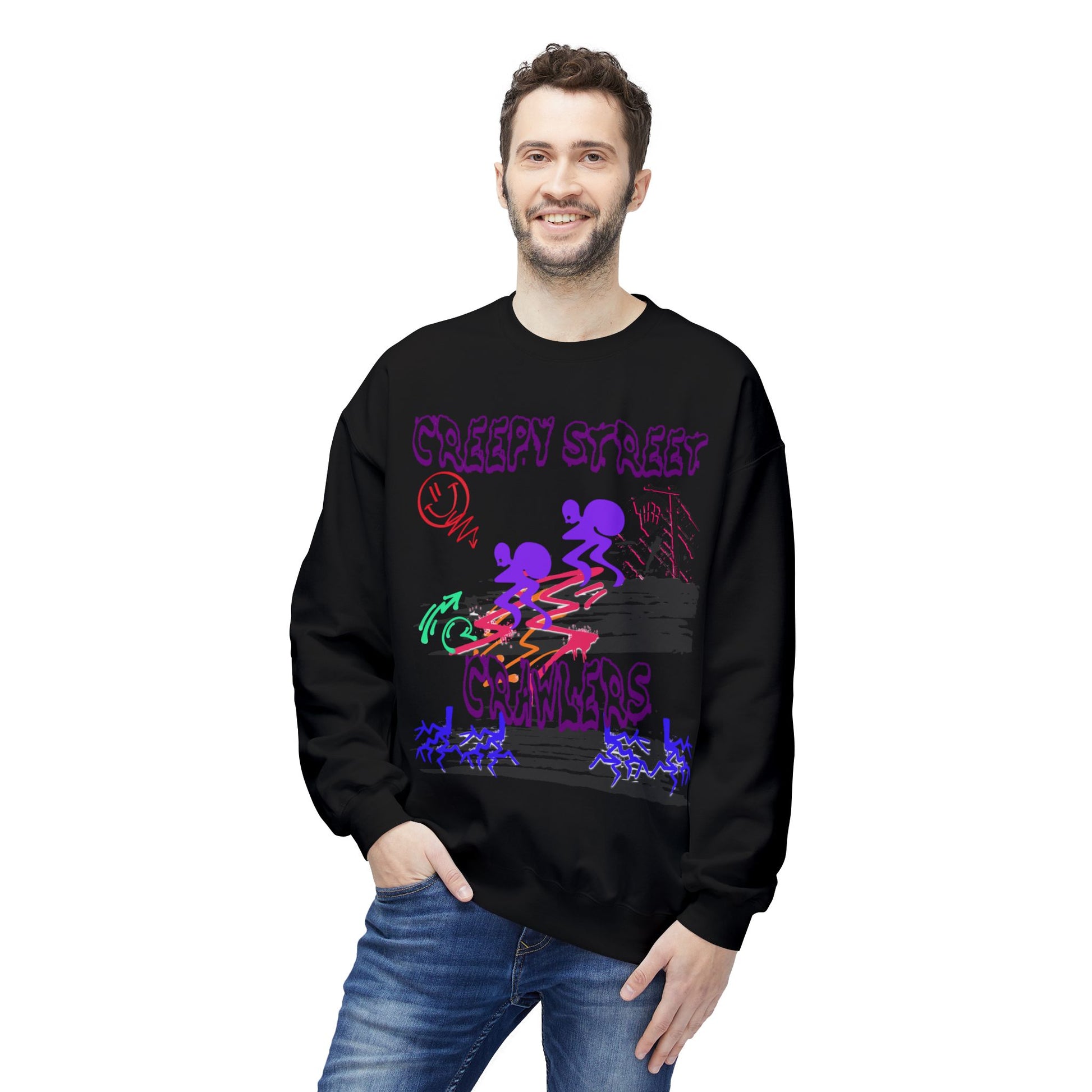 Creepy Street Crawlers Sweatshirt | Cozy Unisex Fleece Crewneck | Ideal for Halloween, Casual Wear, Fall Outings, Gift for Friends