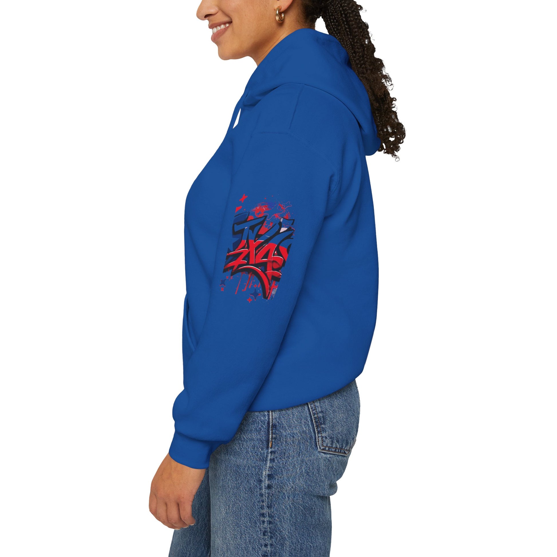Patriotic Graffiti Hoodie, Cozy Sweatshirt for Casual Wear, Perfect Gift for July 4th, Stylish Streetwear, Unisex Fashion