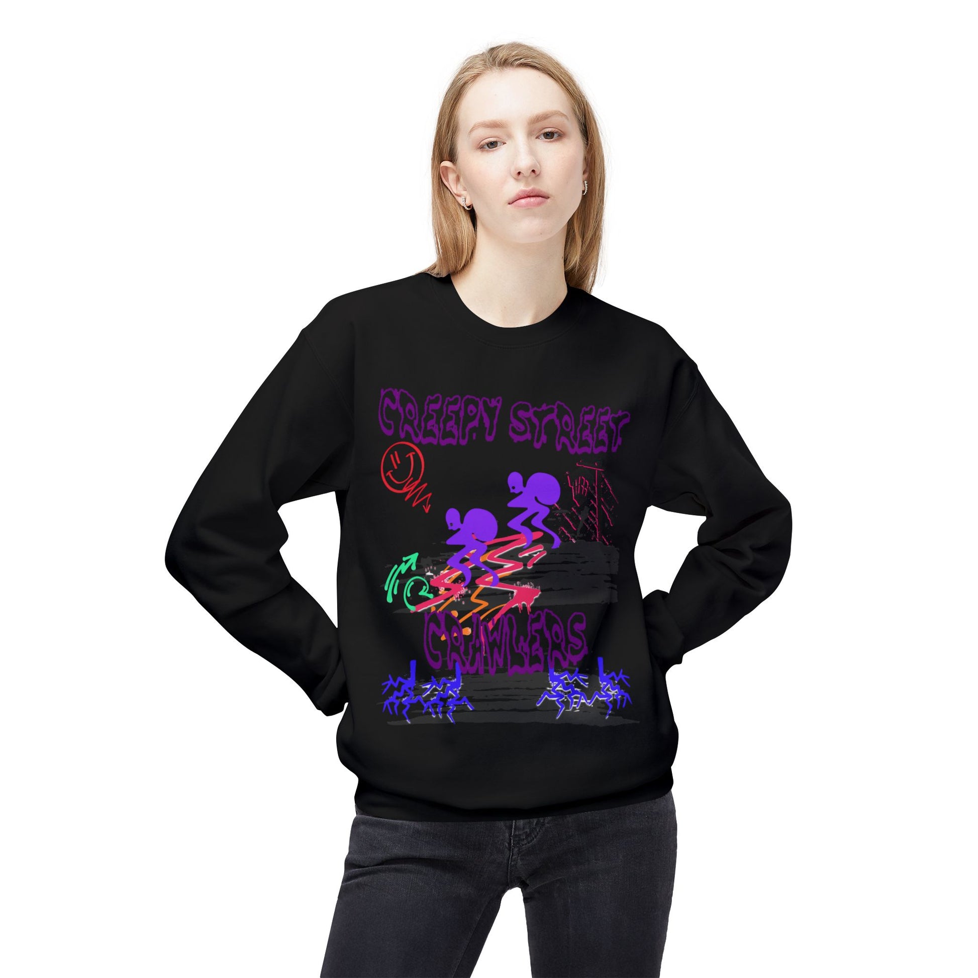 Creepy Street Crawlers Sweatshirt | Cozy Unisex Fleece Crewneck | Ideal for Halloween, Casual Wear, Fall Outings, Gift for Friends