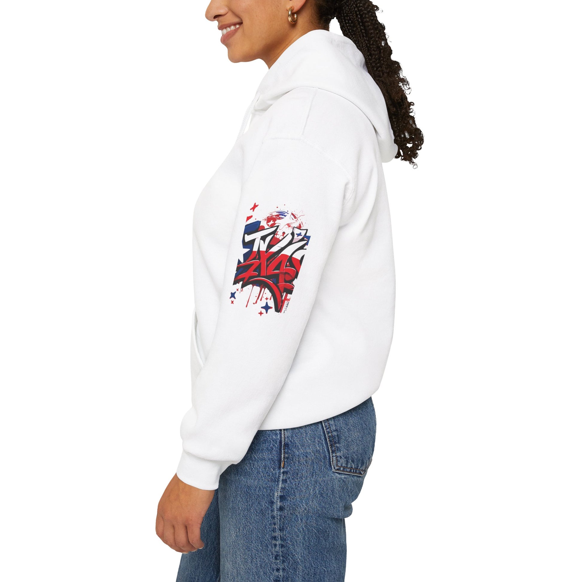 Patriotic Graffiti Hoodie, Cozy Sweatshirt for Casual Wear, Perfect Gift for July 4th, Stylish Streetwear, Unisex Fashion