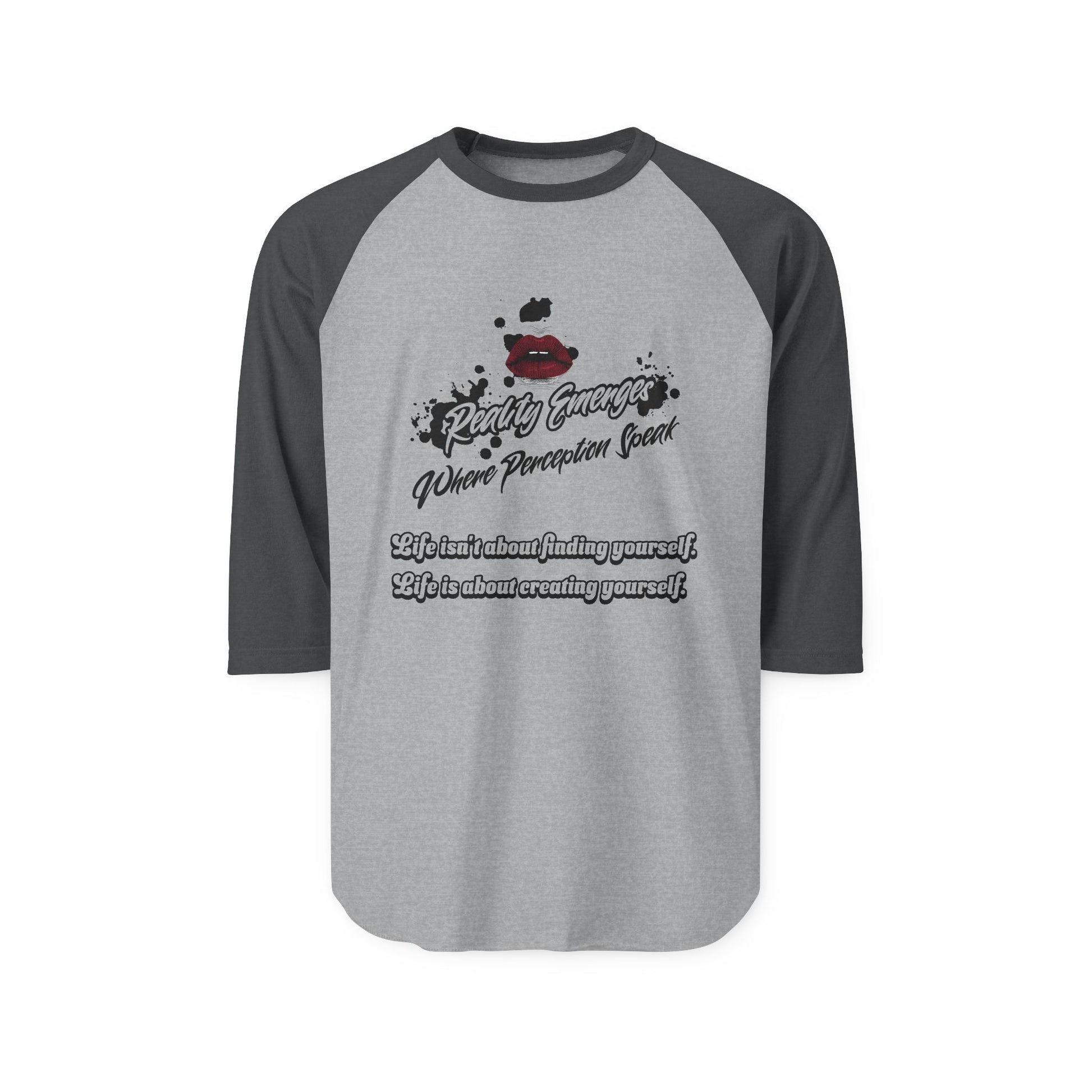 Three-Quarter Sleeve Raglan Shirt - Empowerment Shirt - “Reality Emerges” - Gift for Friends, Casual Wear, Positive Affirmation Tee
