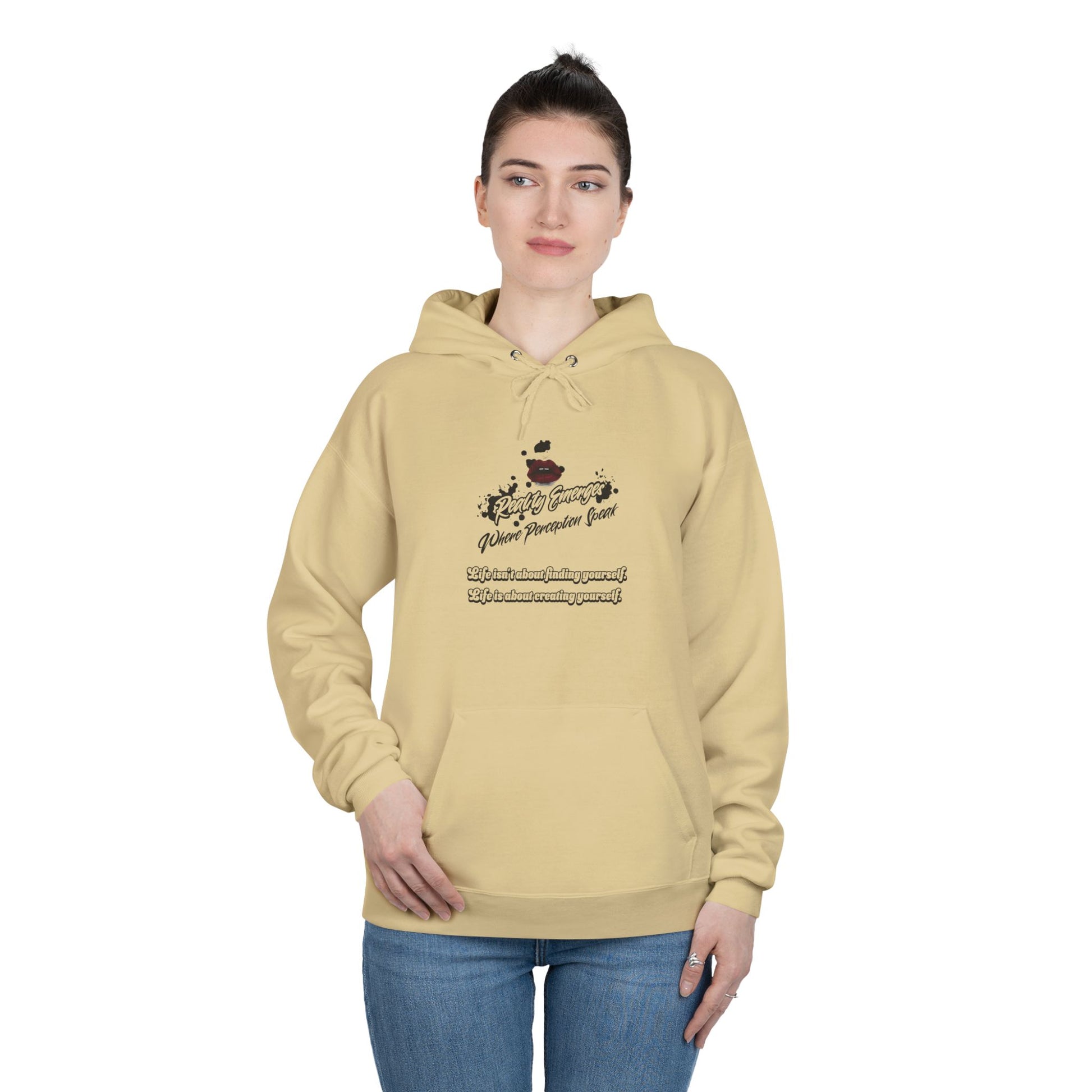 Hoodie Reality Emerges Where Perception Speaks Red Lips and Ink Splatter Design