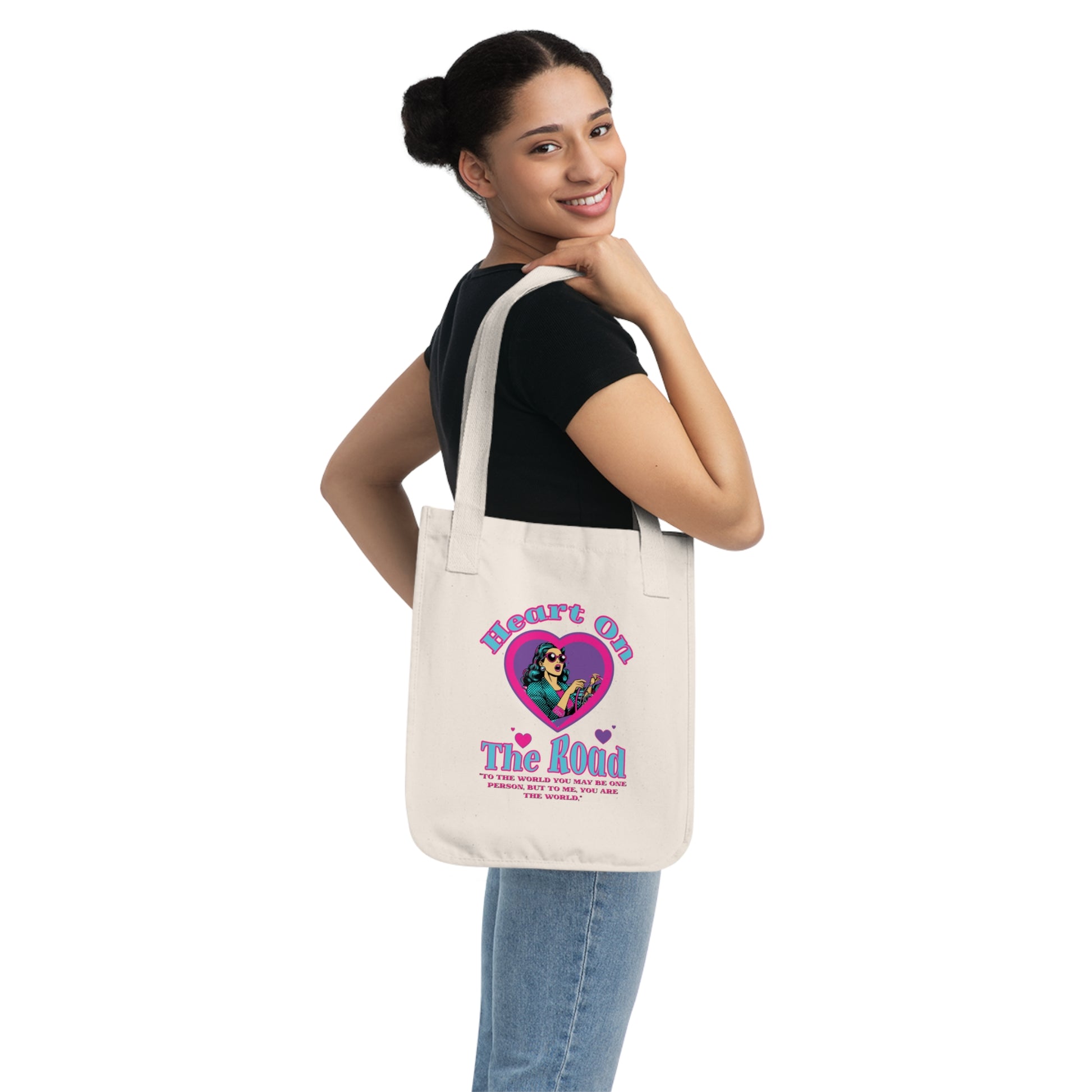 Heart On The Road Organic Canvas Tote Bag - Eco-Friendly, Gift for Travelers, Motivational Quote, Shopping Bags, Vegan Accessories