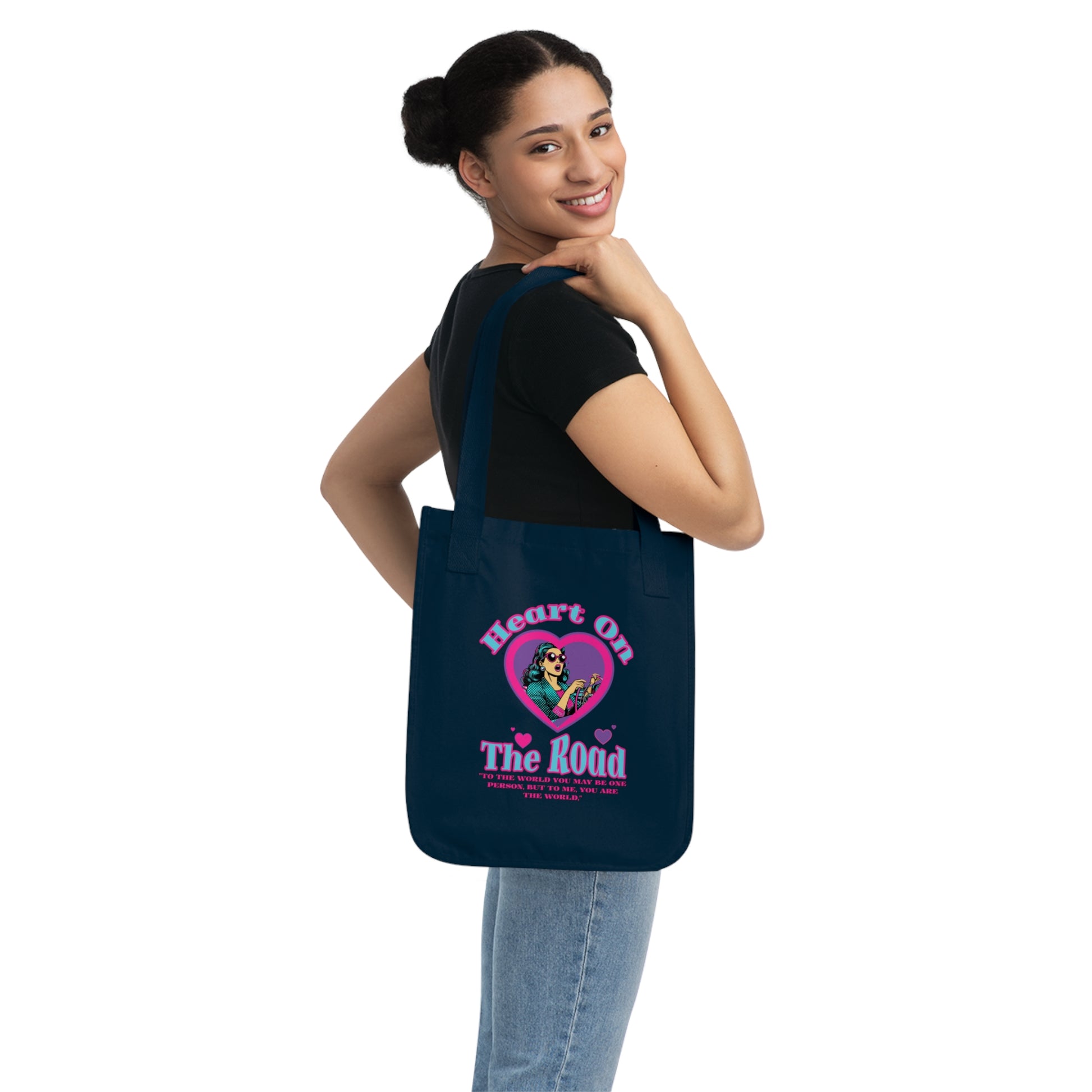 Heart On The Road Organic Canvas Tote Bag - Eco-Friendly, Gift for Travelers, Motivational Quote, Shopping Bags, Vegan Accessories