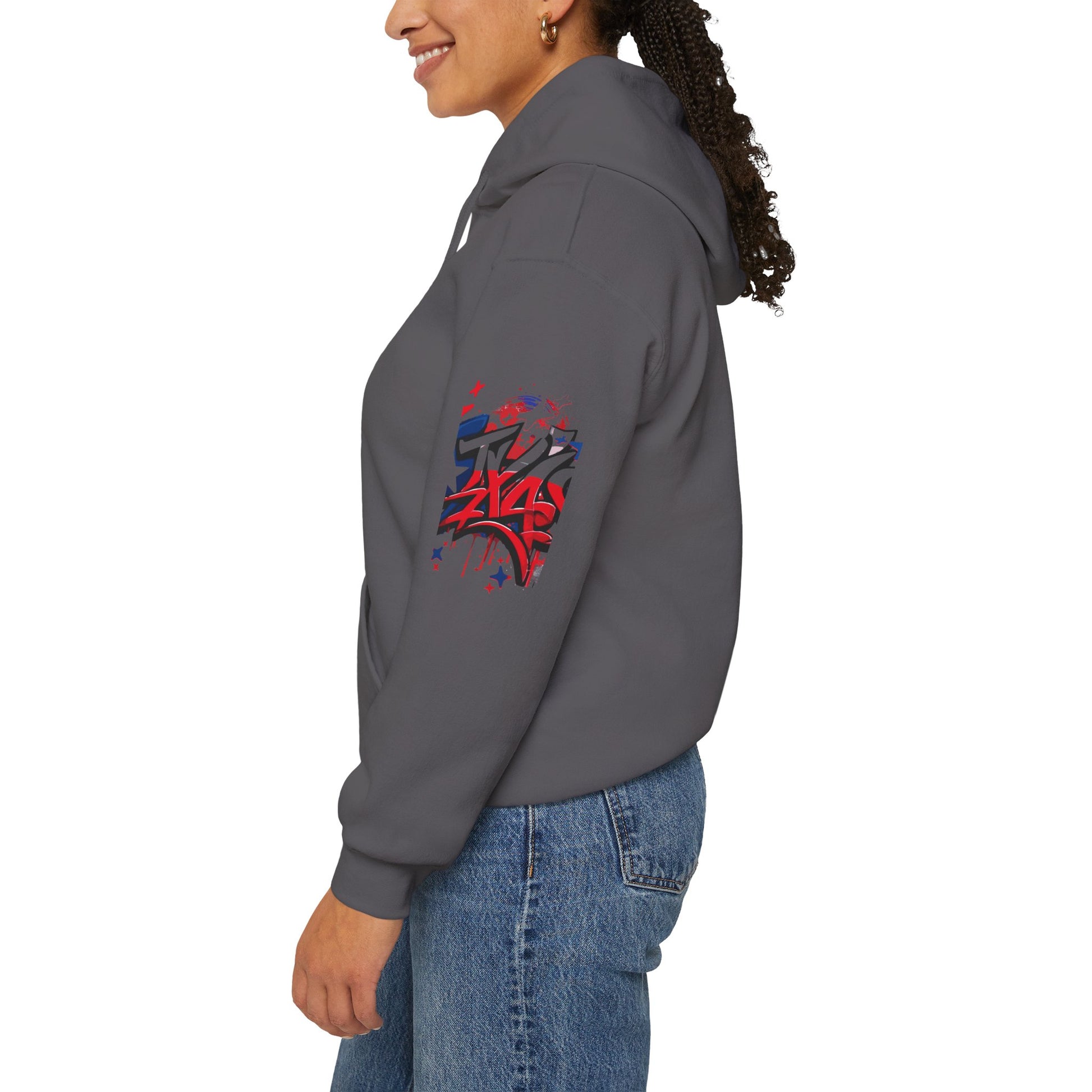 Patriotic Graffiti Hoodie, Cozy Sweatshirt for Casual Wear, Perfect Gift for July 4th, Stylish Streetwear, Unisex Fashion