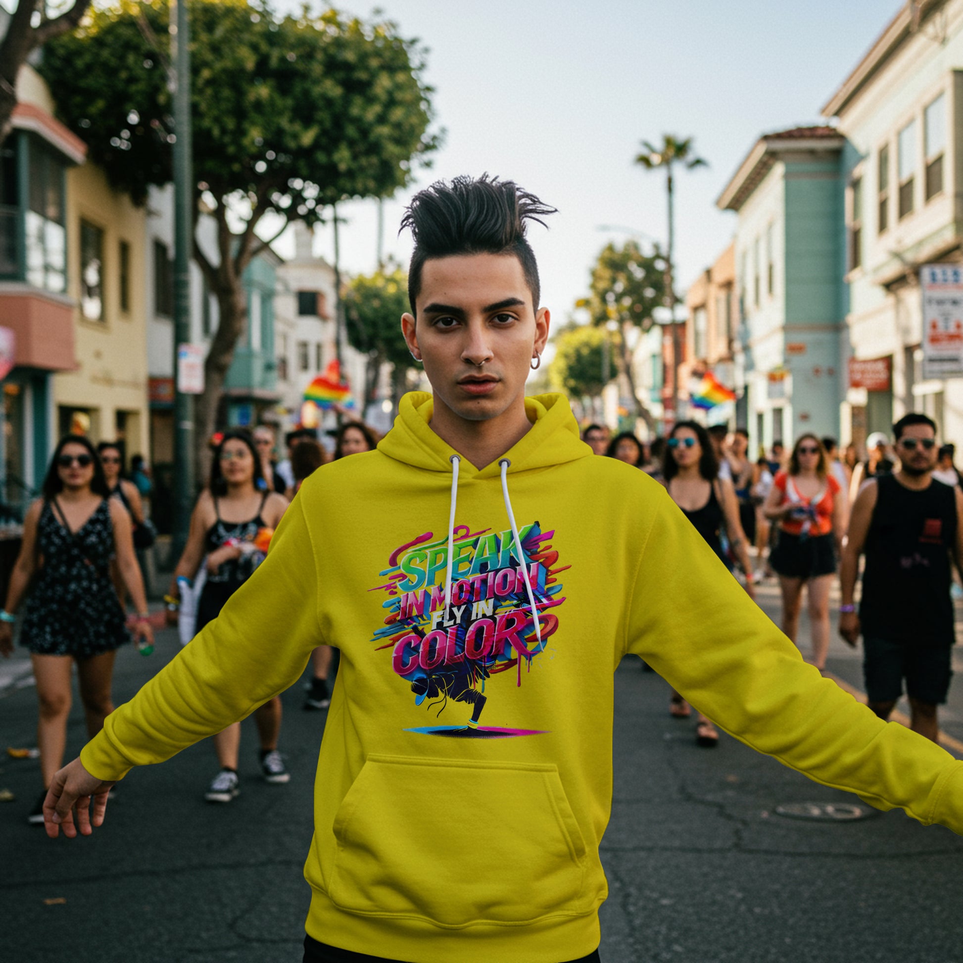 Electric Silence Hoodie - Urban Art Wear, Vibrant Design with Energetic Style
